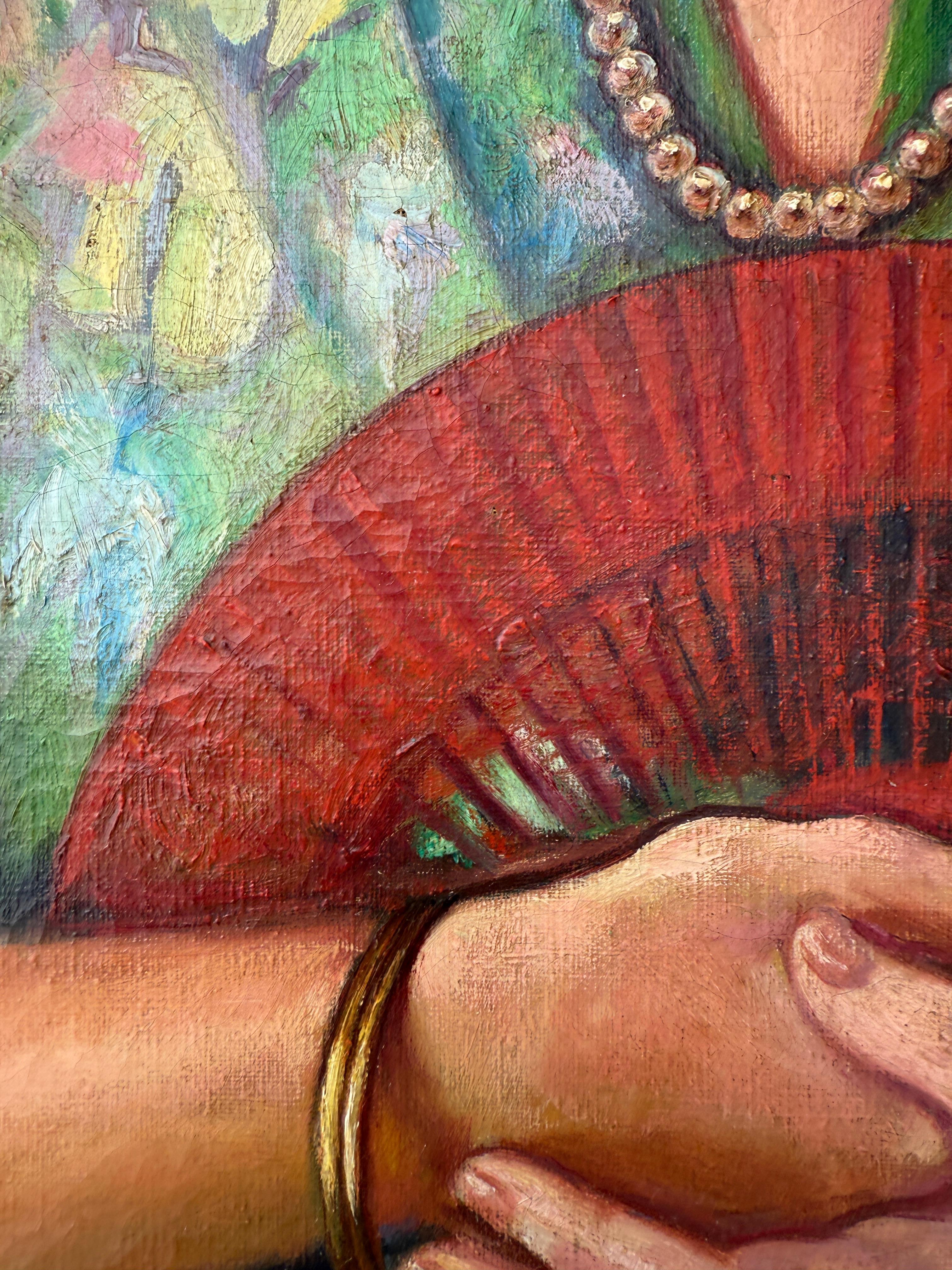 Portrait of a Lady with Red Fan oil on canvas painting - Academic Painting by Francesc Domingo Segura