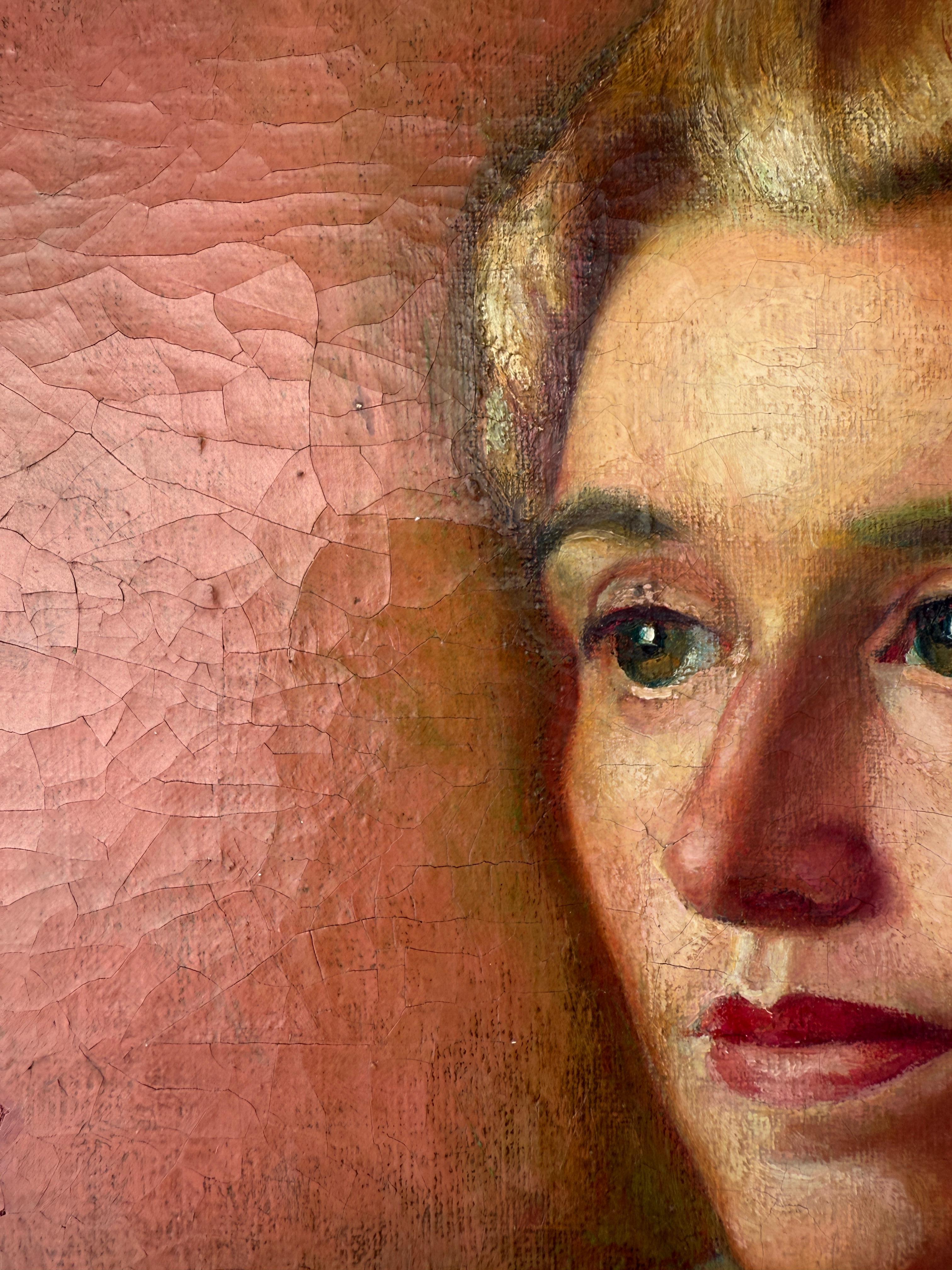 Portrait of a Lady with Red Fan oil on canvas painting - Brown Portrait Painting by Francesc Domingo Segura