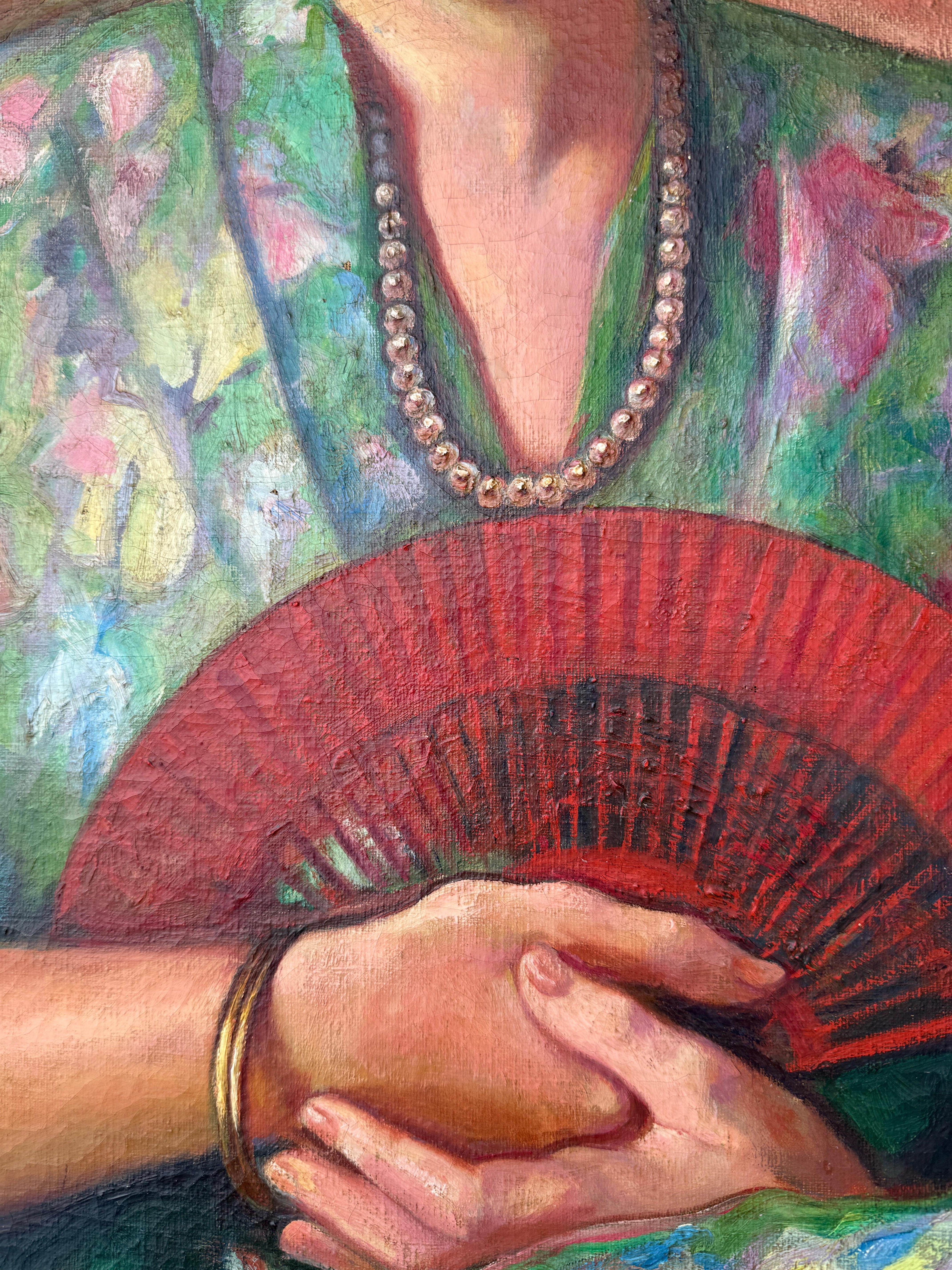 Portrait of a Lady with Red Fan oil on canvas painting For Sale 2