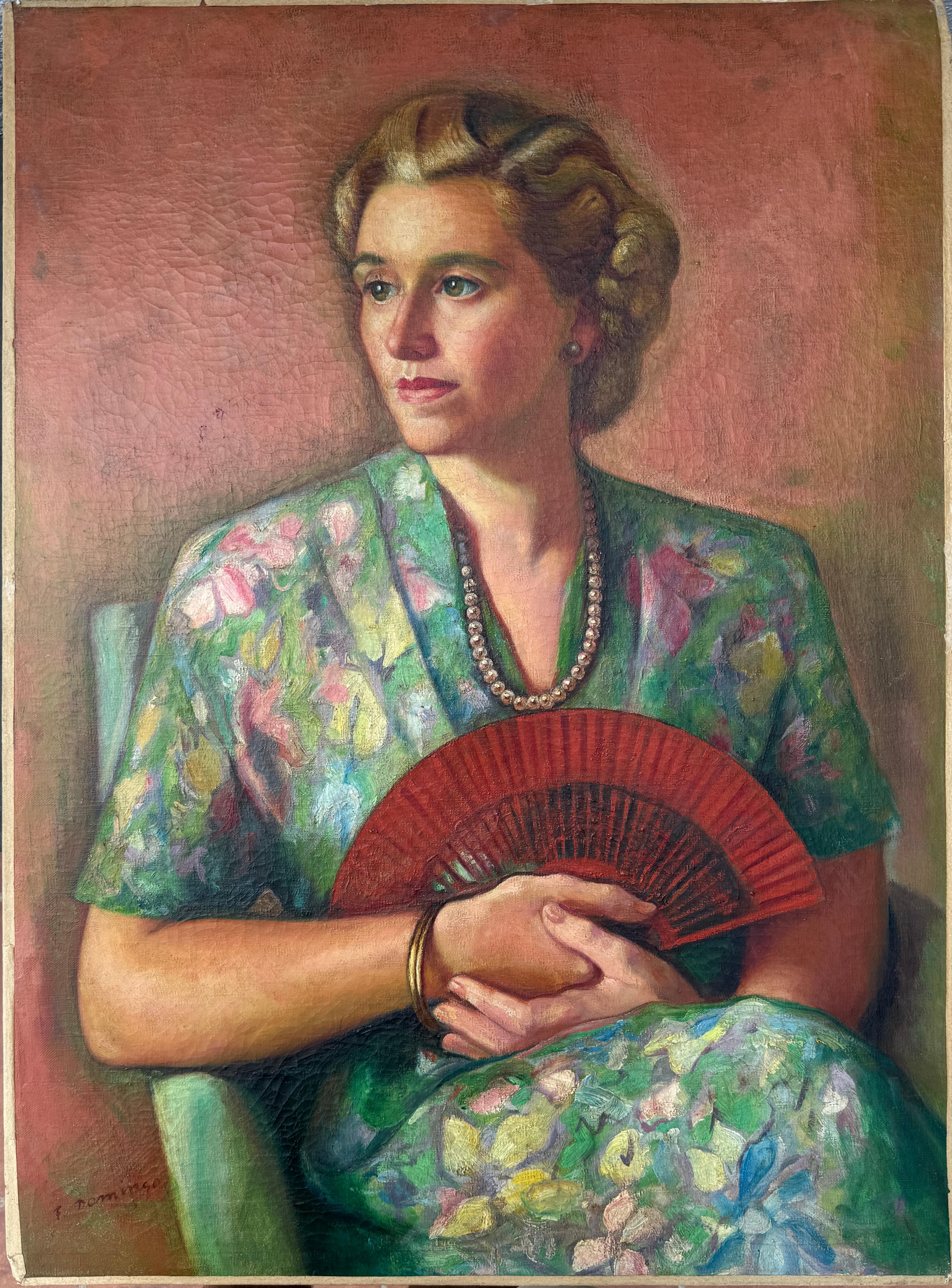 Francesc Domingo Segura Portrait Painting - Portrait of a Lady with Red Fan oil on canvas painting