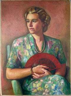 Portrait of a Lady with Red Fan oil on canvas painting