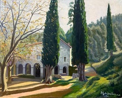 Mediterranean Catalan Hermitage and Cypress Landscape Oil Painting Spain
