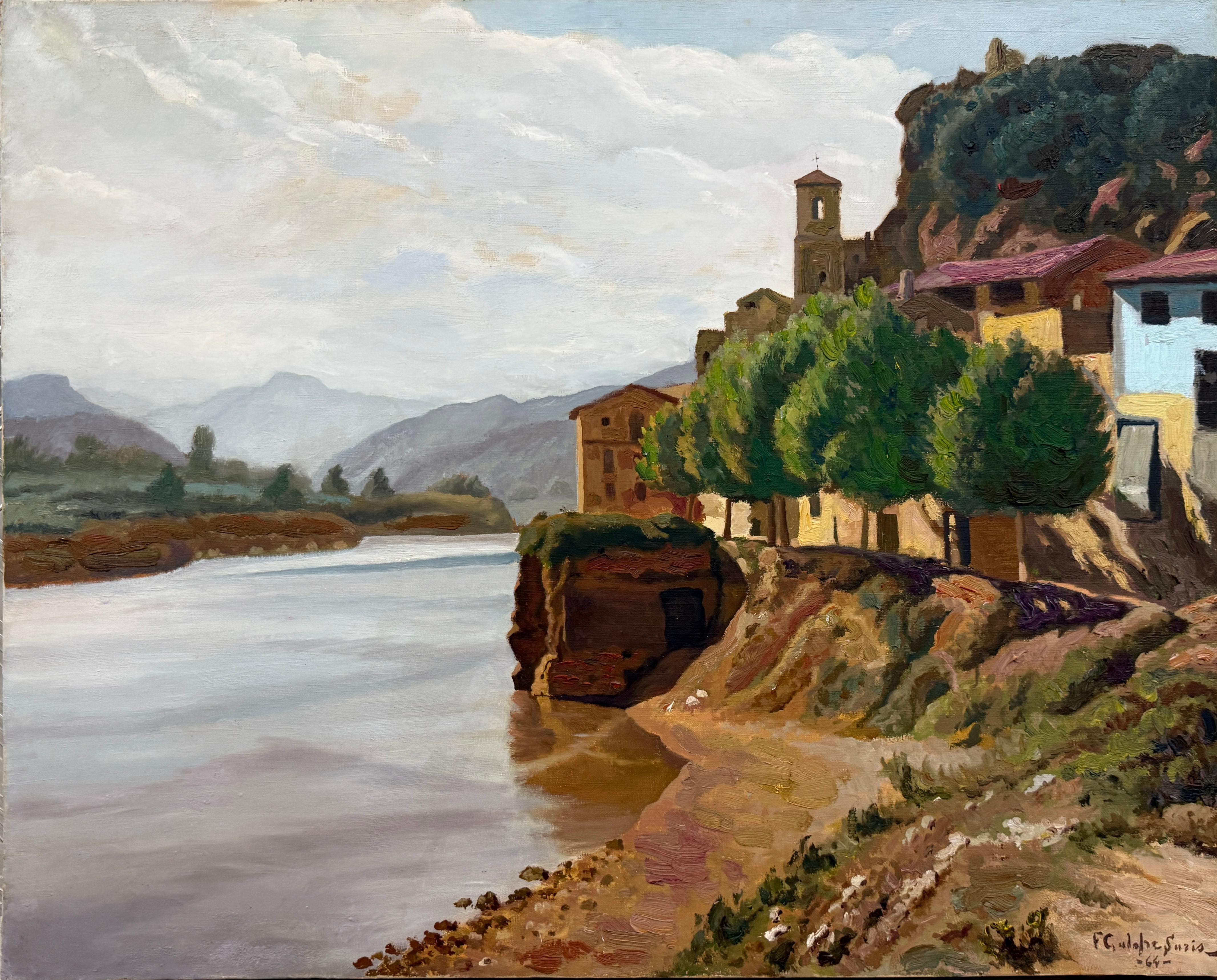 Peinture à l'huile représentant un village catalan méditerranéen et un paysage fluvial