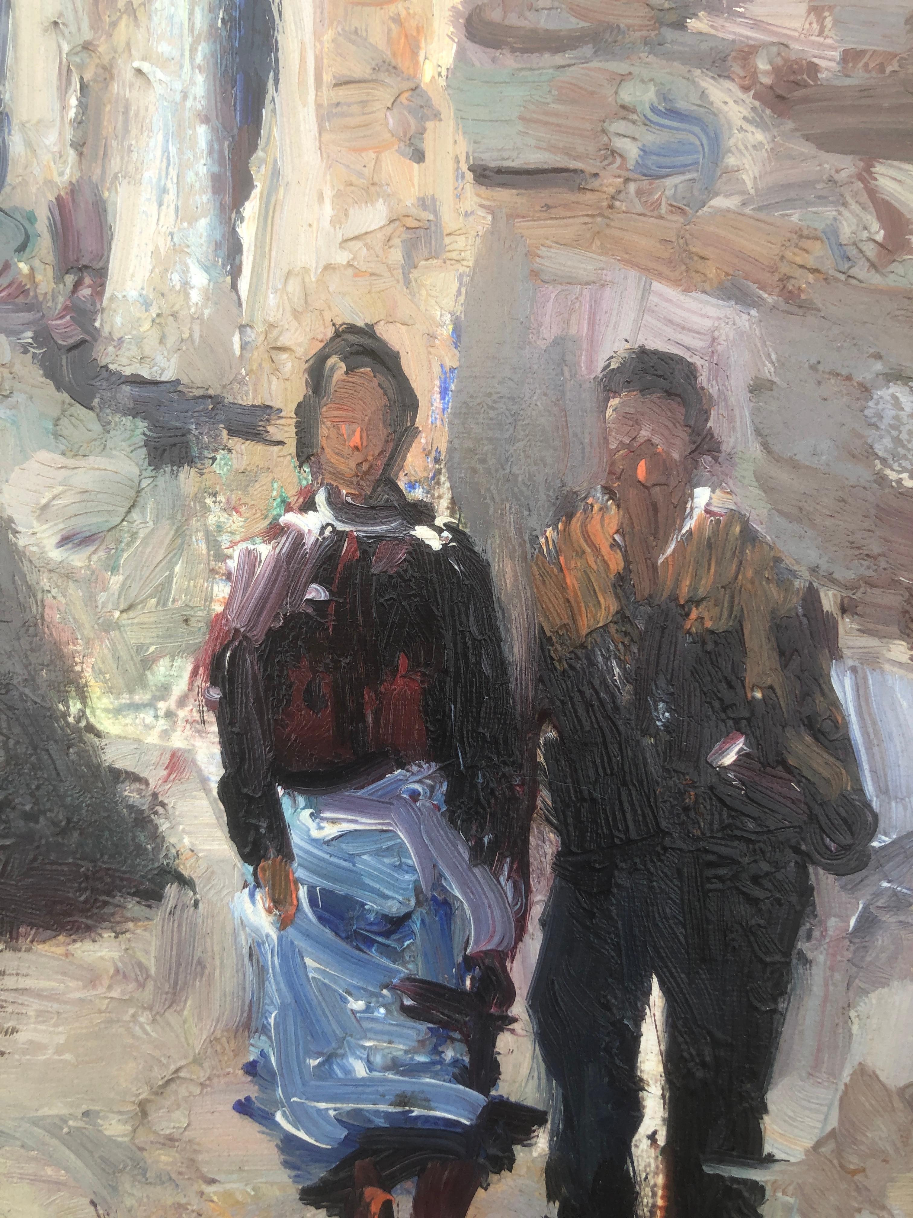Pueblo pirenaico español óleo sobre lienzo pintura paisaje - Figurative Painting Gris de Francesc Julia