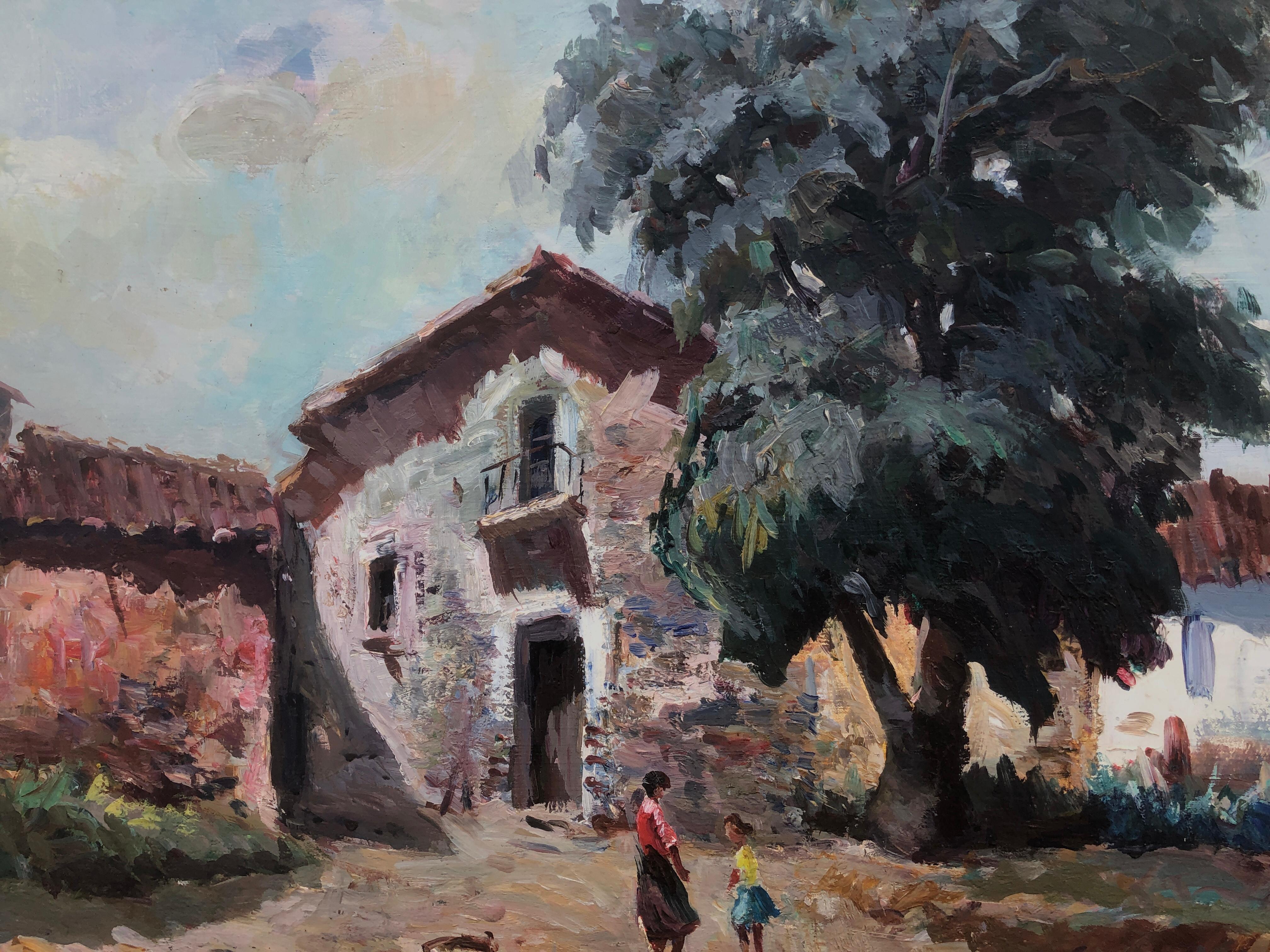 Spanish pyrenean town oil on canvas painting landscape For Sale 1