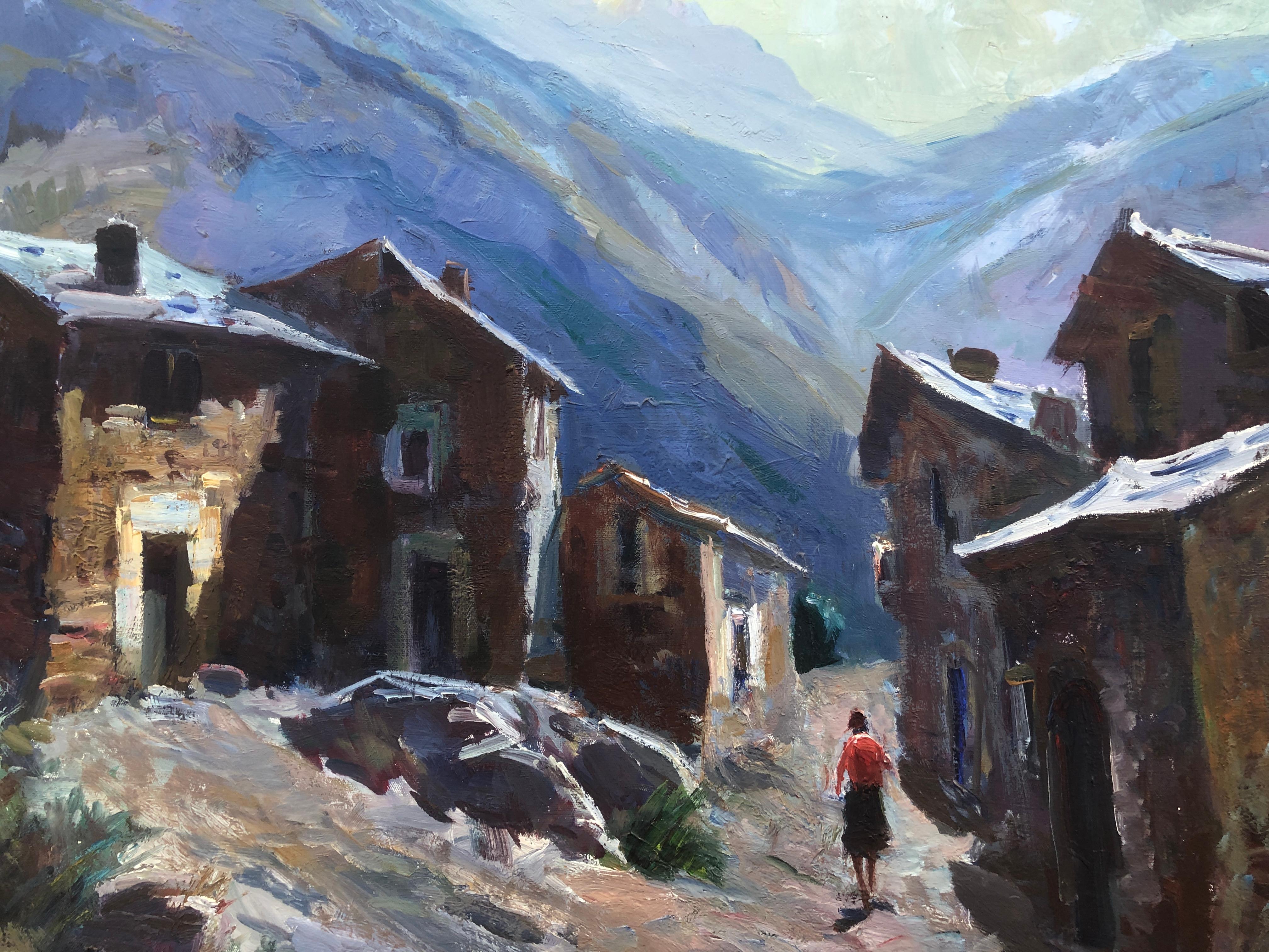 Spanish pyrenean town oil on canvas painting landscape For Sale 3