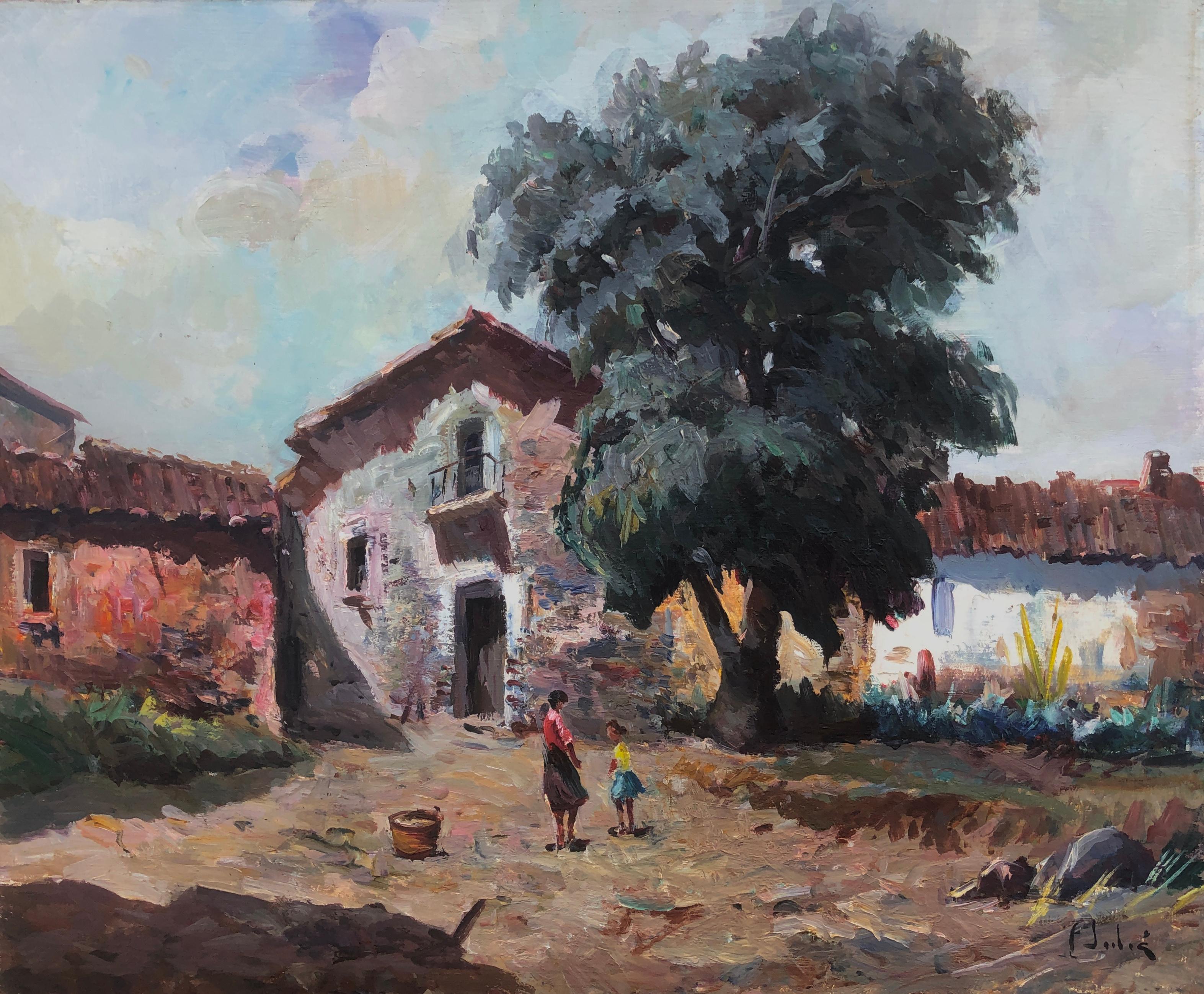 Spanish pyrenean town oil on canvas painting landscape
