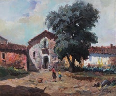 Vintage Spanish pyrenean town oil on canvas painting landscape