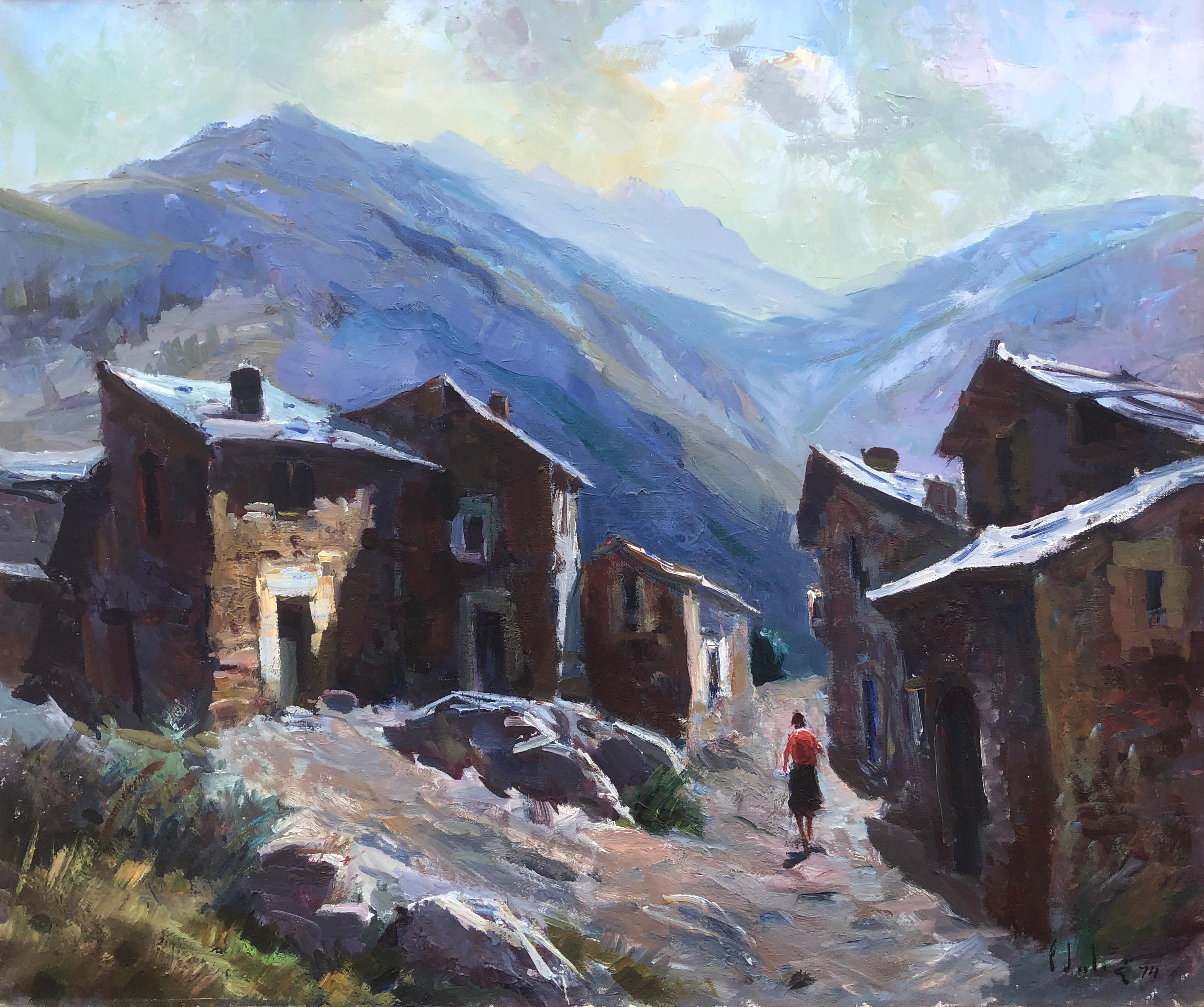 Francesc Julia Landscape Painting – Spanische Pyrenean Stadt, Öl auf Leinwand, Gemälde Landschaft