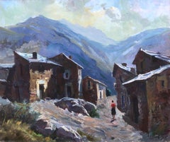 Spanische Pyrenean Stadt, Öl auf Leinwand, Gemälde Landschaft