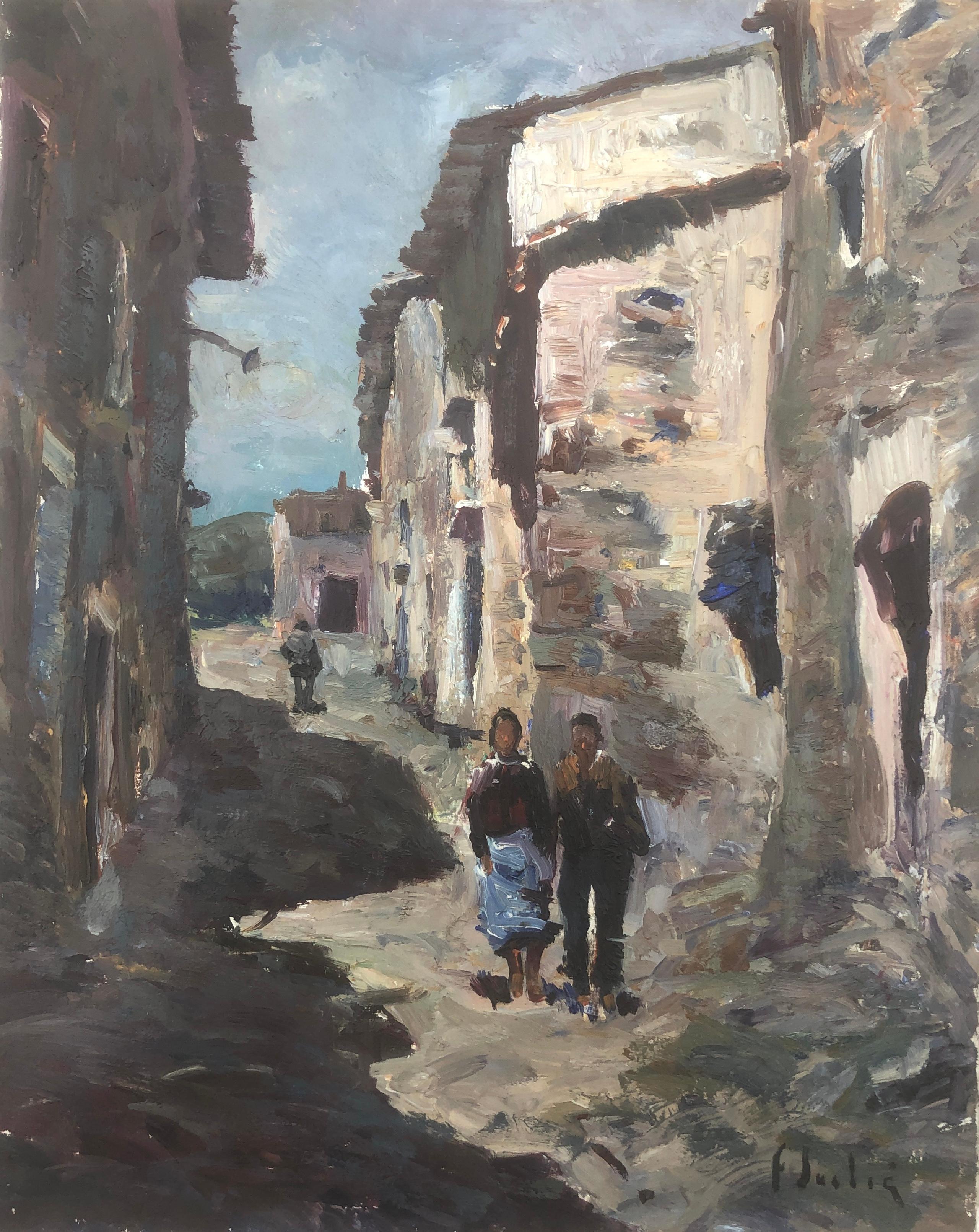Figurative Painting de Francesc Julia - Pueblo pirenaico español óleo sobre lienzo pintura paisaje