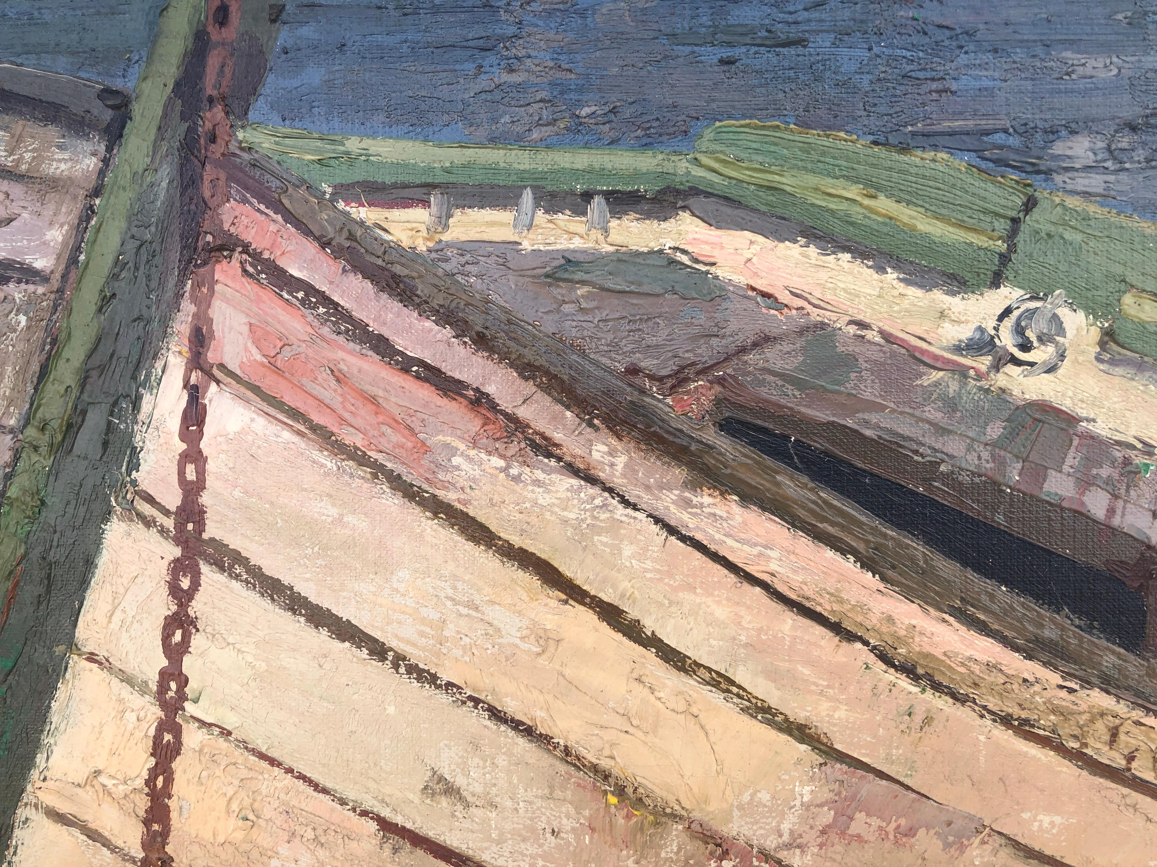 Boats on the beach Menorca Spain oil on canvas painting - Gray Landscape Painting by Francesc Poch Romeu