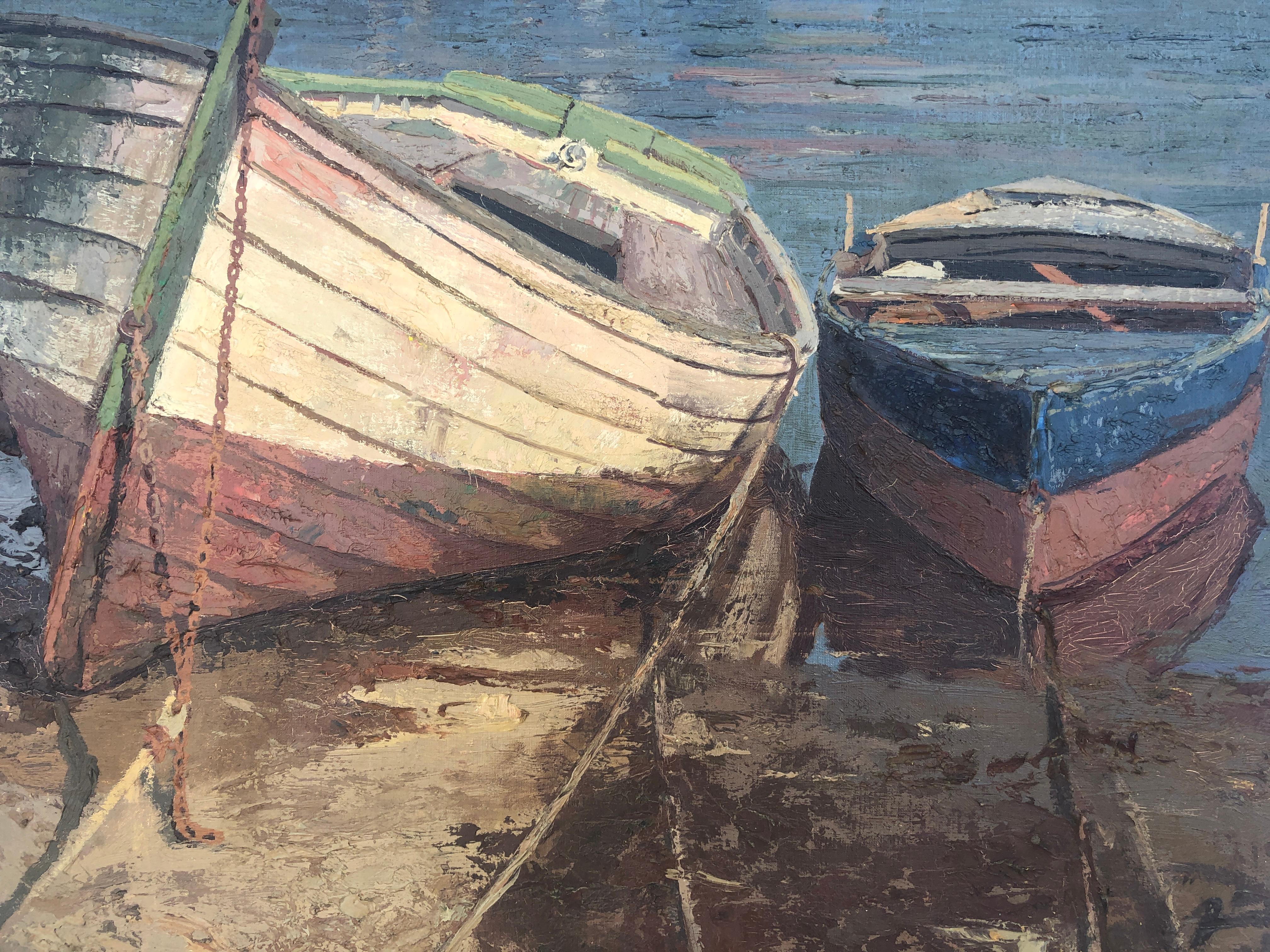 Boats on the beach Menorca Spain oil on canvas painting 1