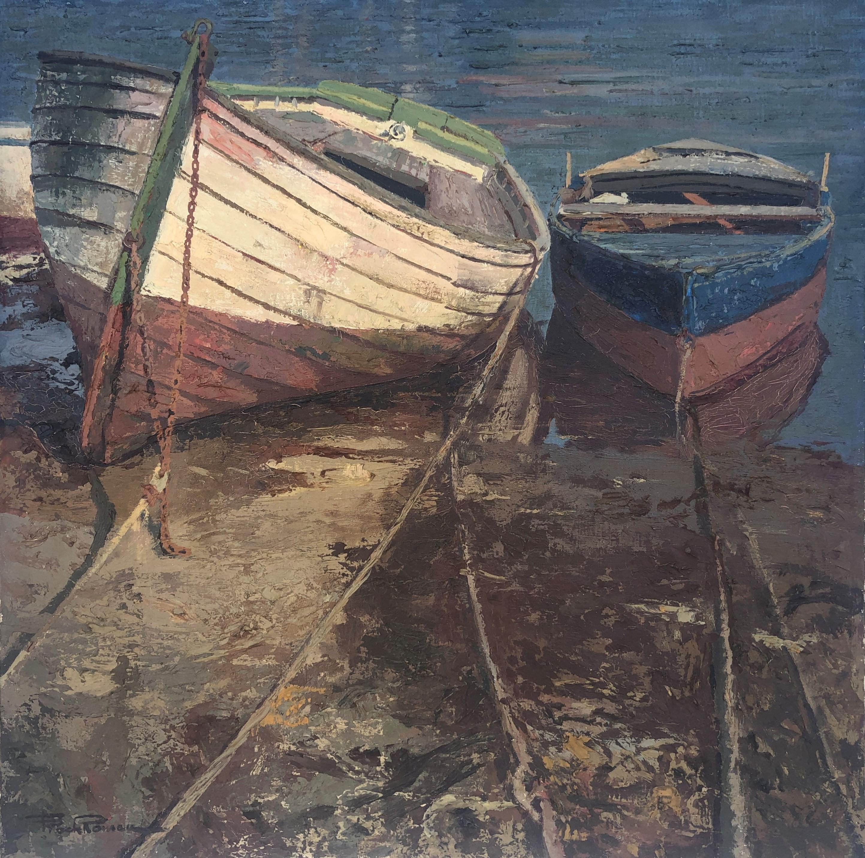 Francesc Poch Romeu Landscape Painting - Boats on the beach Menorca Spain oil on canvas painting