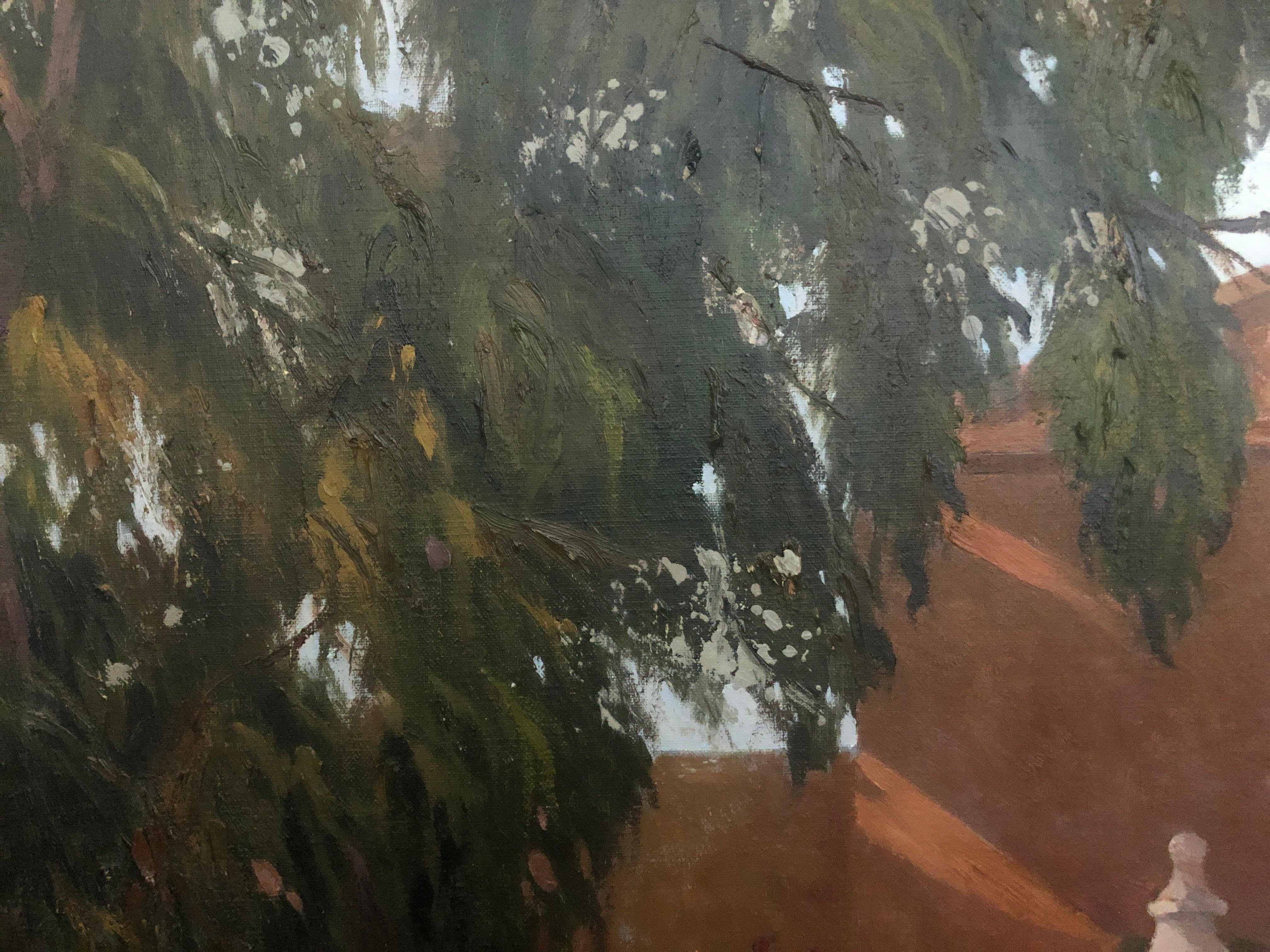 Colonial house and eucalyptus Menorca Spain oil on canvas painting - Black Landscape Painting by Francesc Poch Romeu