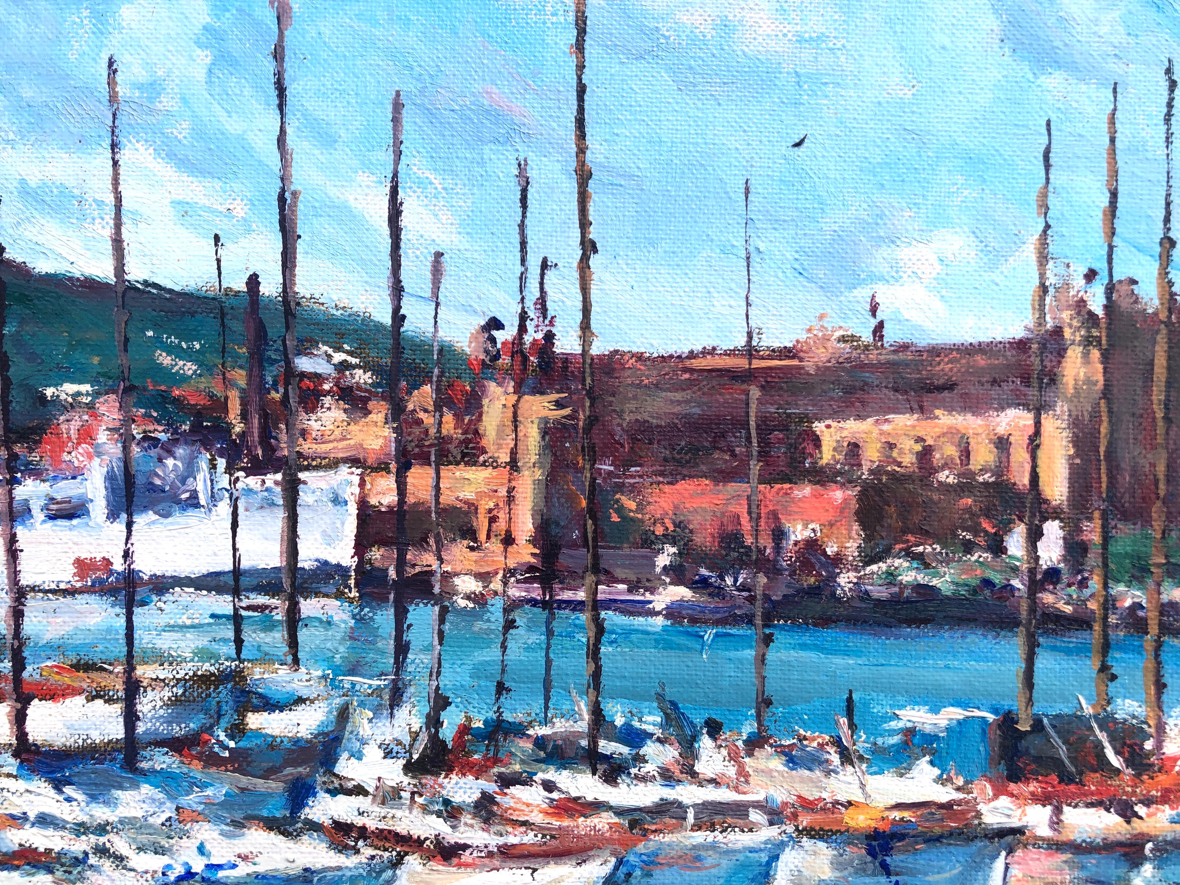 Club Náutico del Puerto de Barcelona óleo sobre lienzo - Landscape Painting Azul de Francesc Saborit