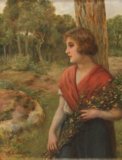 Mujer con ramo de flores - Óleo sobre tela