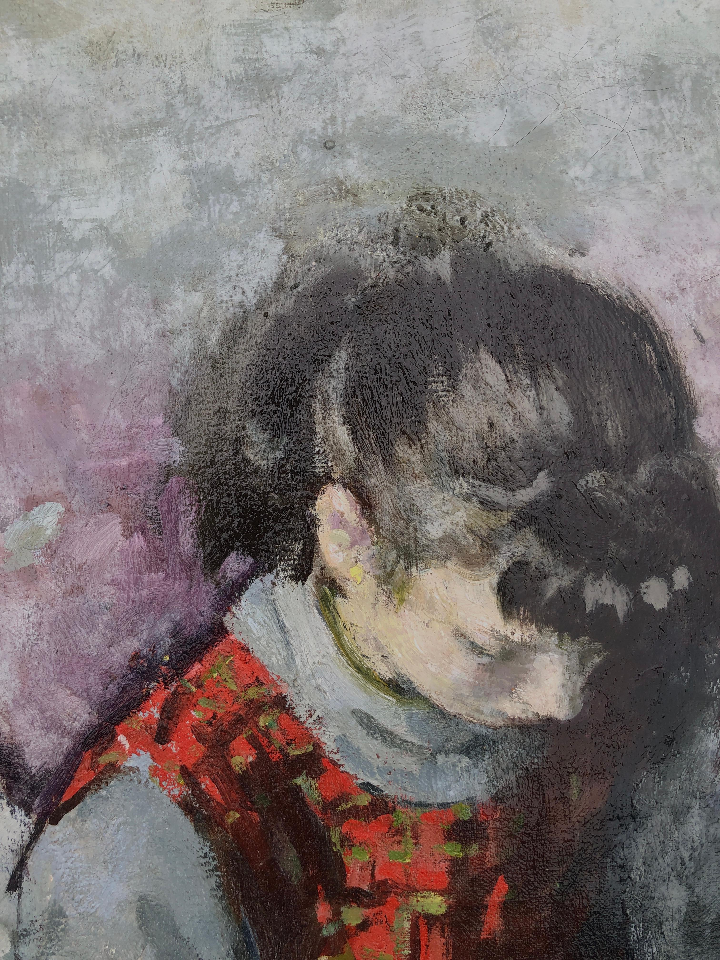 Mädchen studiert Original-Gemälde in Öl auf Leinwand (Post-Impressionismus), Painting, von Francesc Serra Castellet