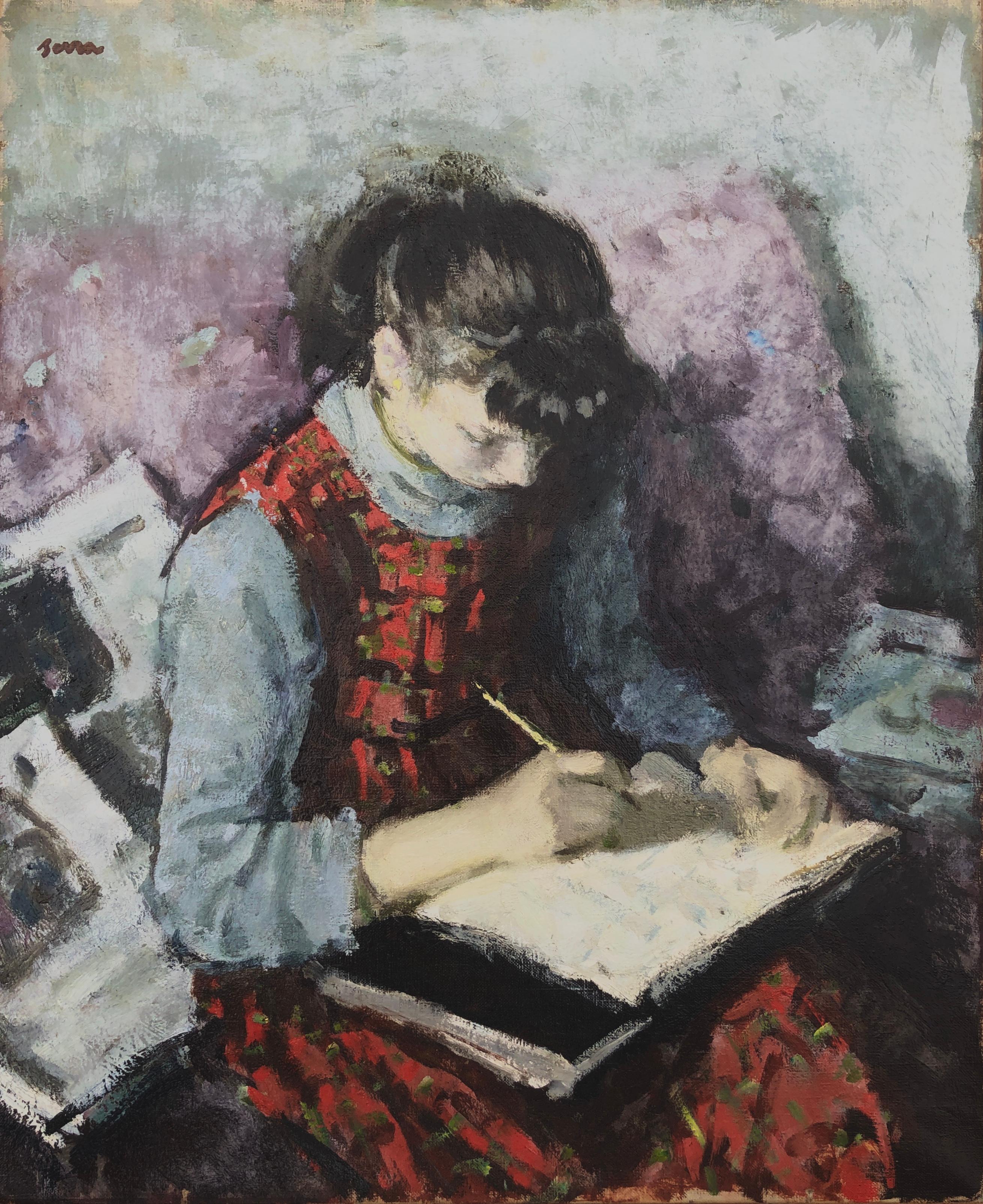 Chica estudiando pintura original al óleo sobre lienzo