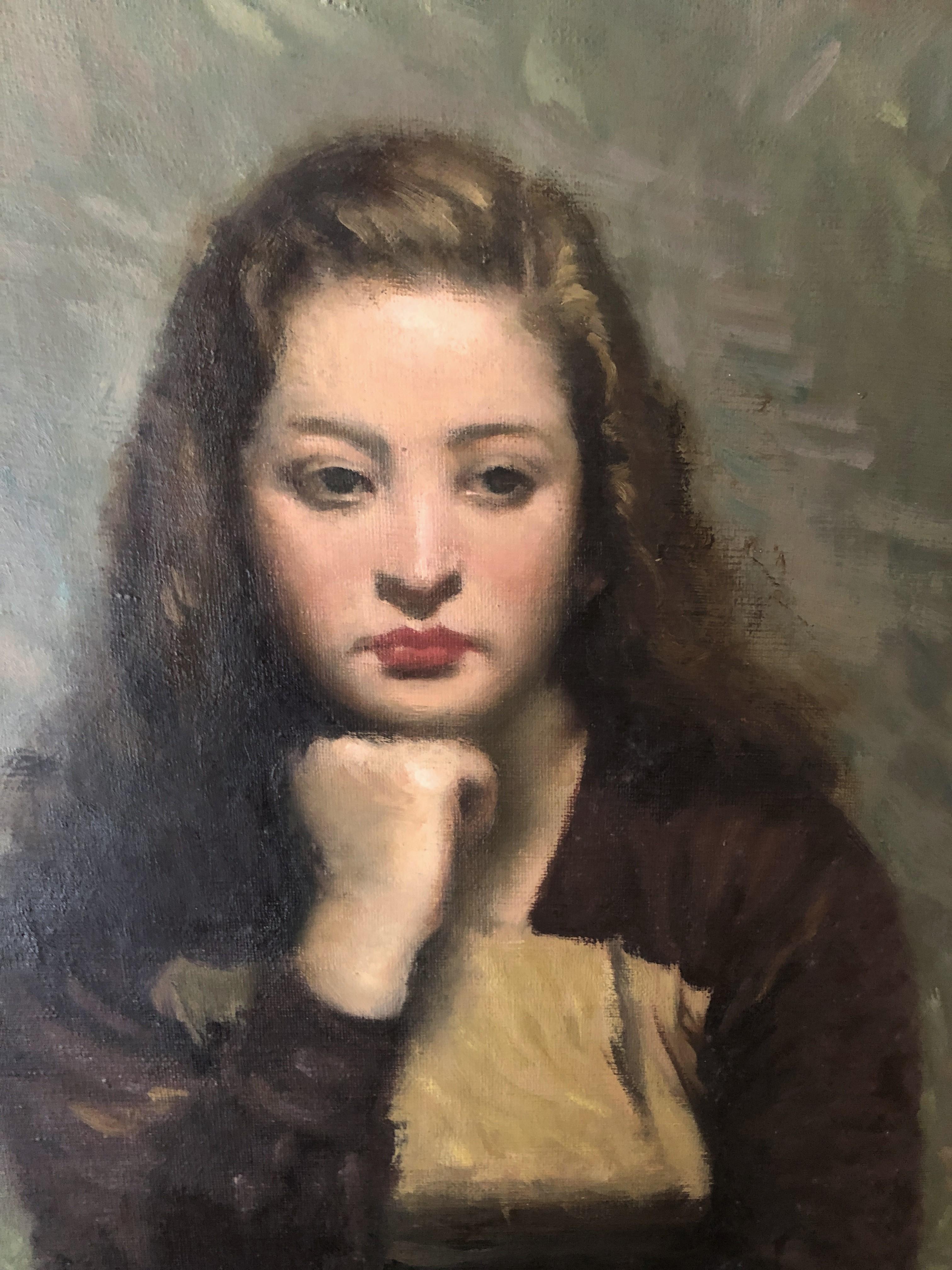 Young woman original oil on canvas painting - Gray Portrait Painting by Francesc Serra Castellet