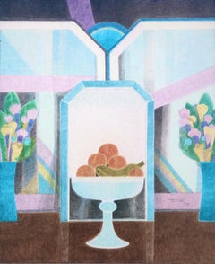 Vintage Symmetrical and mirror in the center oil on canvas painting still life