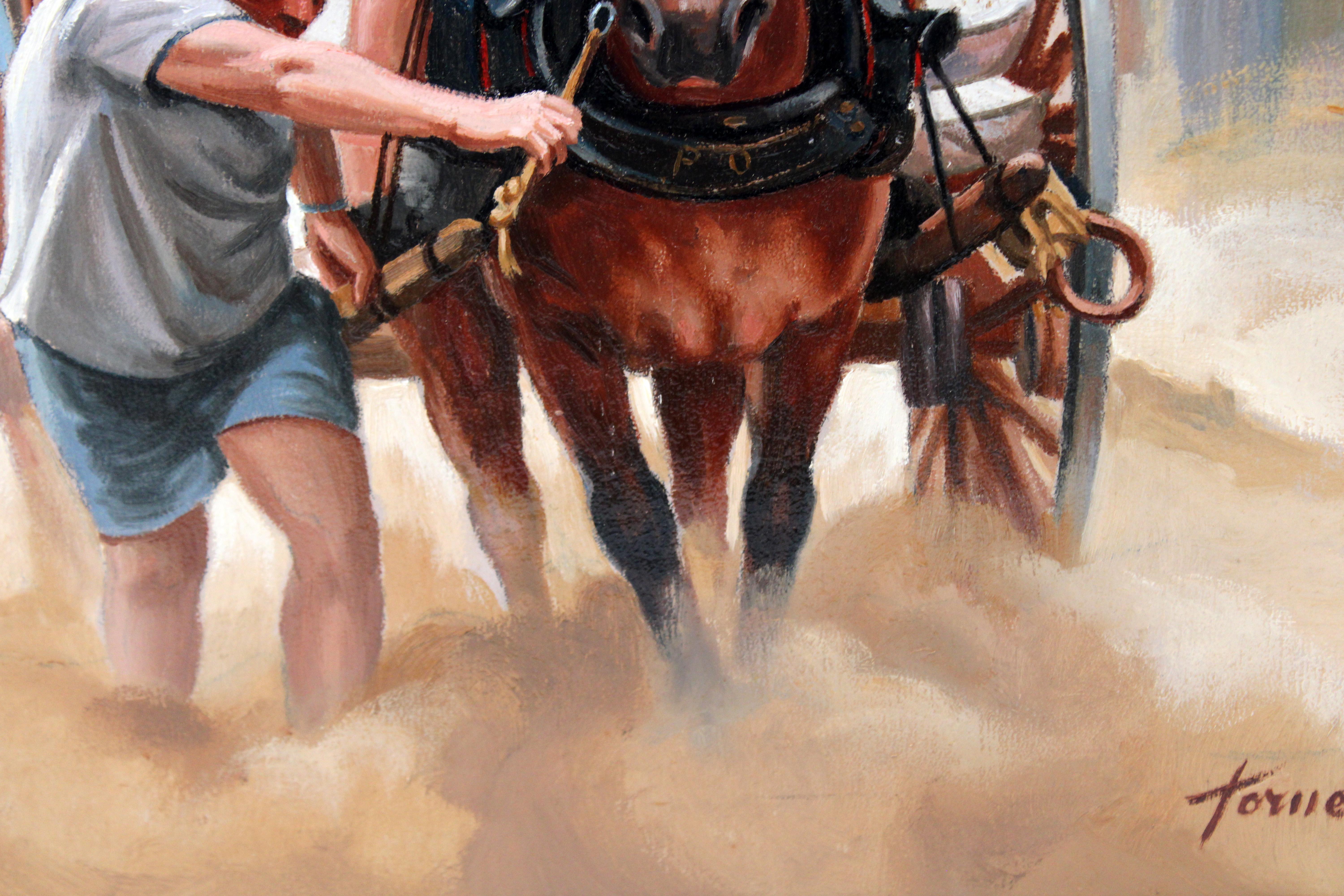 Concurso de arrastre - Óleo sobre tela - Marron Animal Painting par Francesc Torneró Gómez