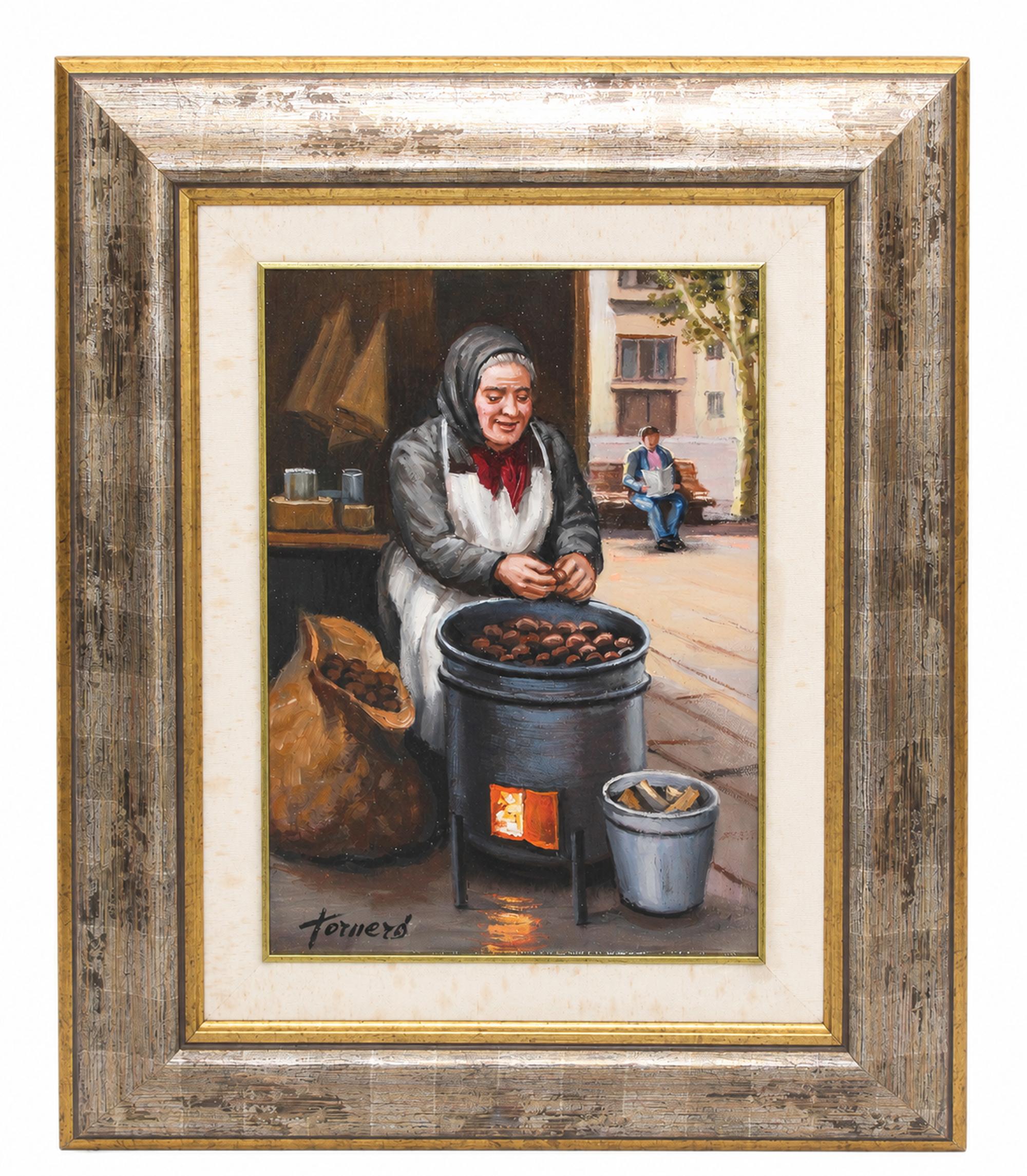 Francesc Torneró Gómez Figurative Painting - La castañera - Óleo sobre panel - Firmado y enmarcado