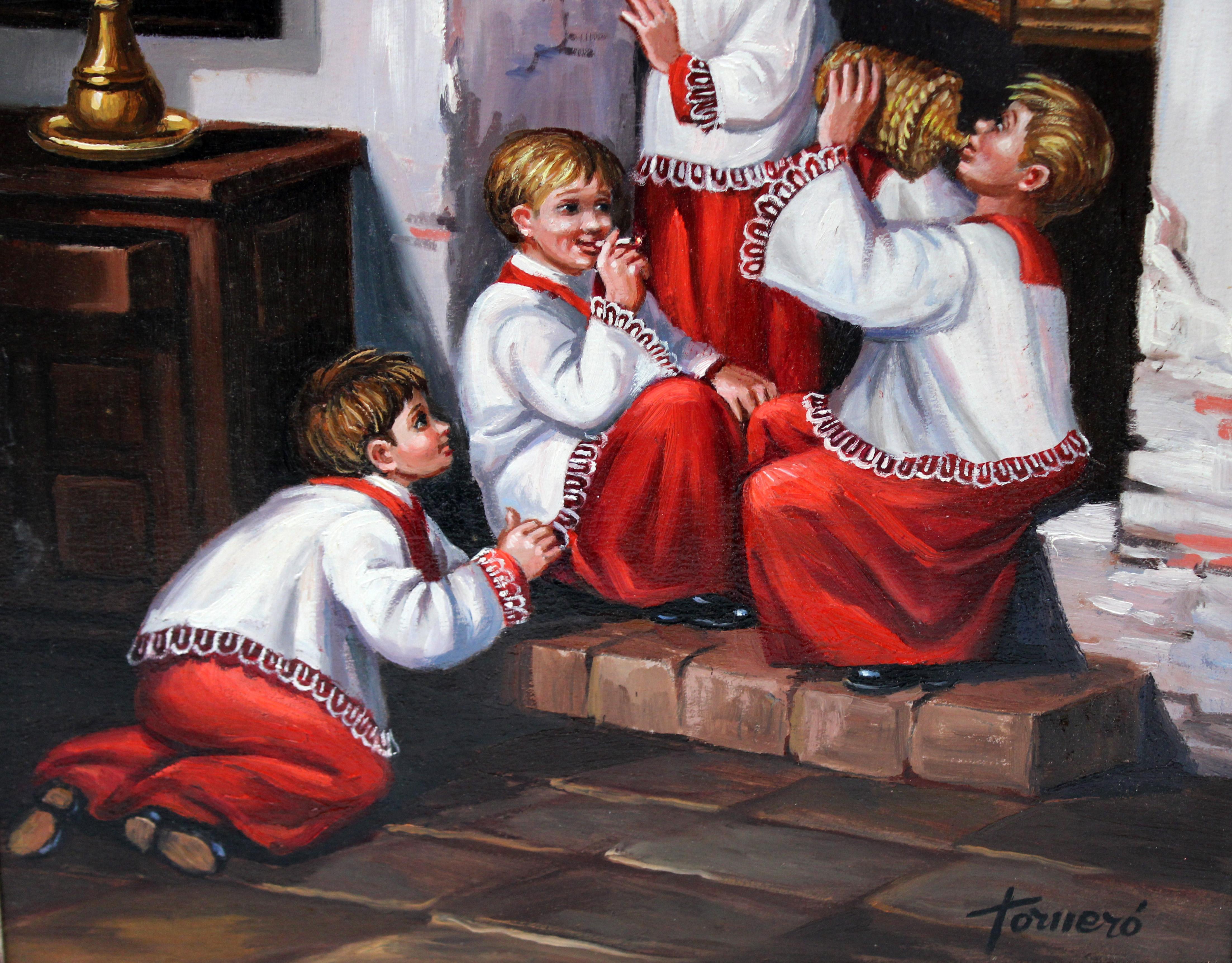 Monaguillos - Óleo sobre tela (Braun), Figurative Painting, von Francesc Torneró Gómez