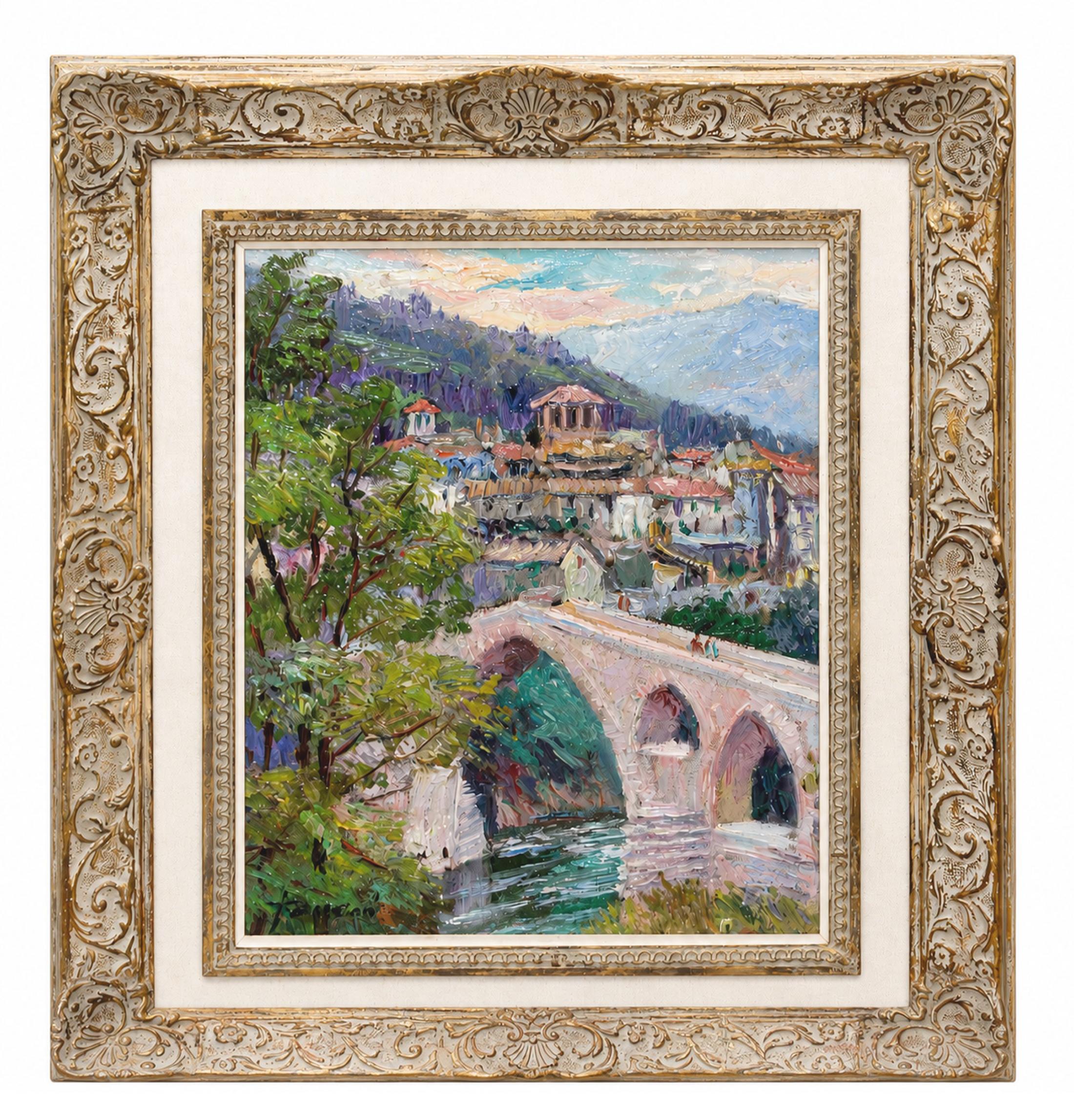 Landschaft mit Brücke – Öl auf Holz – Signiert und gerahmt