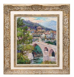Paisaje con puente - Óleo sobre tabla - Firmado y enmarcado