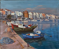 Port of Cambrils Spain oil on canvas painting spanish mediterranean seascape