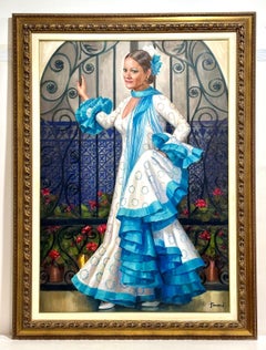 Óleo sobre lienzo - mujer vestida de sevillana