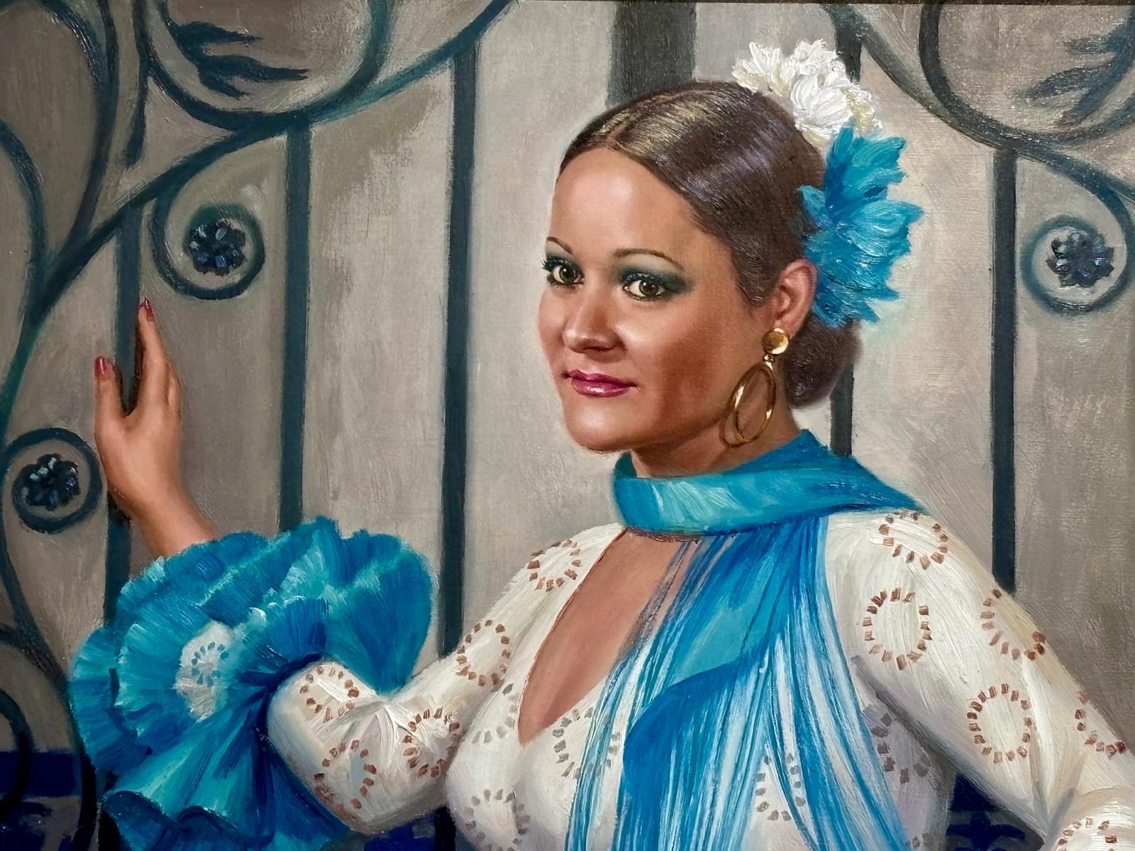 Óleo sobre lienzo - mujer vestida de sevillana (Schwarz), Figurative Painting, von Francesc Torneró 