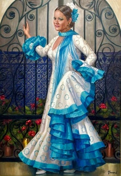 Óleo sobre lienzo - mujer vestida de sevillana