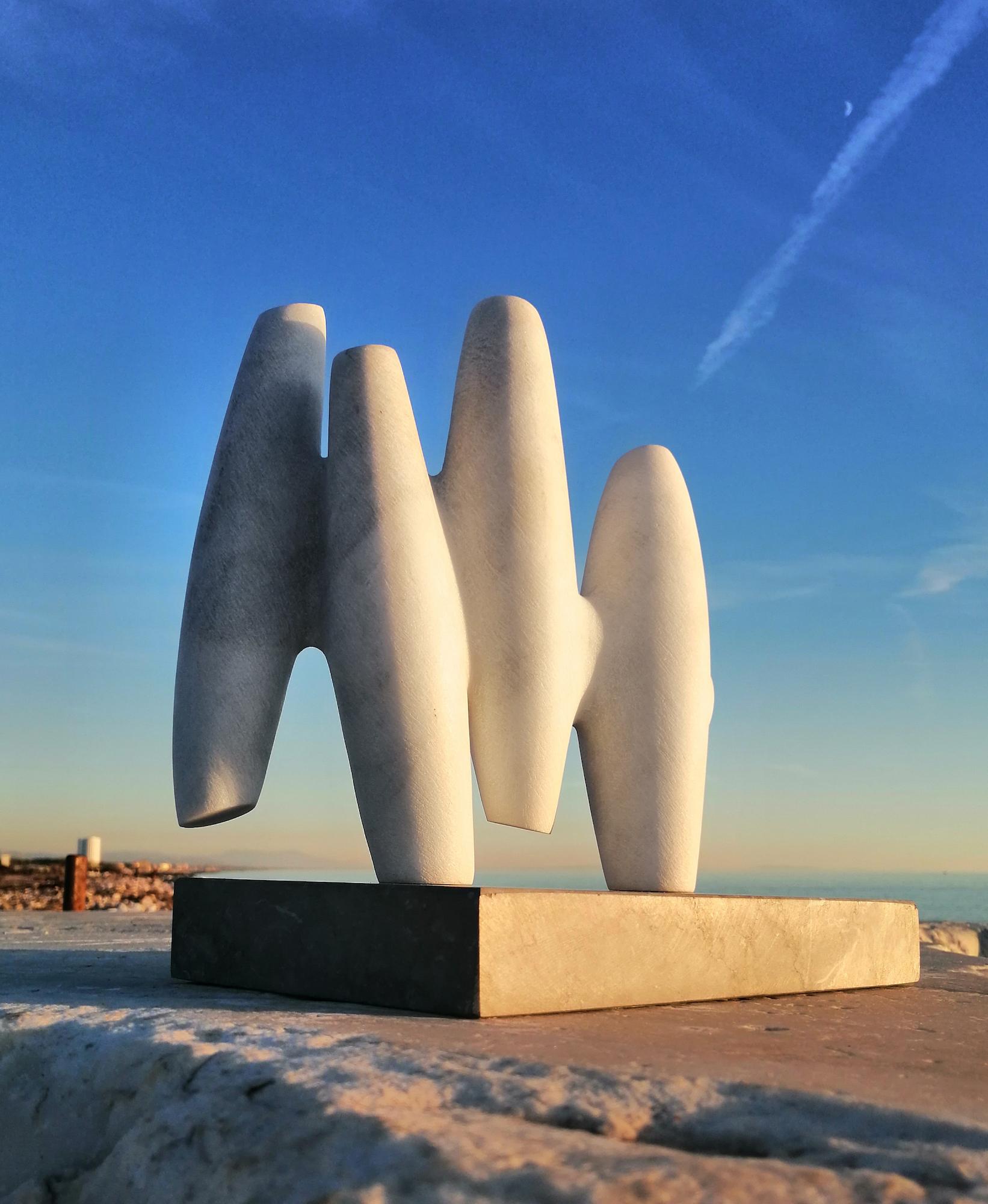Neighbors is a unique White Carrara marble and Marquinia black marble base sculpture by contemporary artist Francesca Bernardini, dimensions including the movable base are 47 × 50 × 25 cm (18.5 × 19.7 × 9.8 in). 
This sculpture is a unique piece