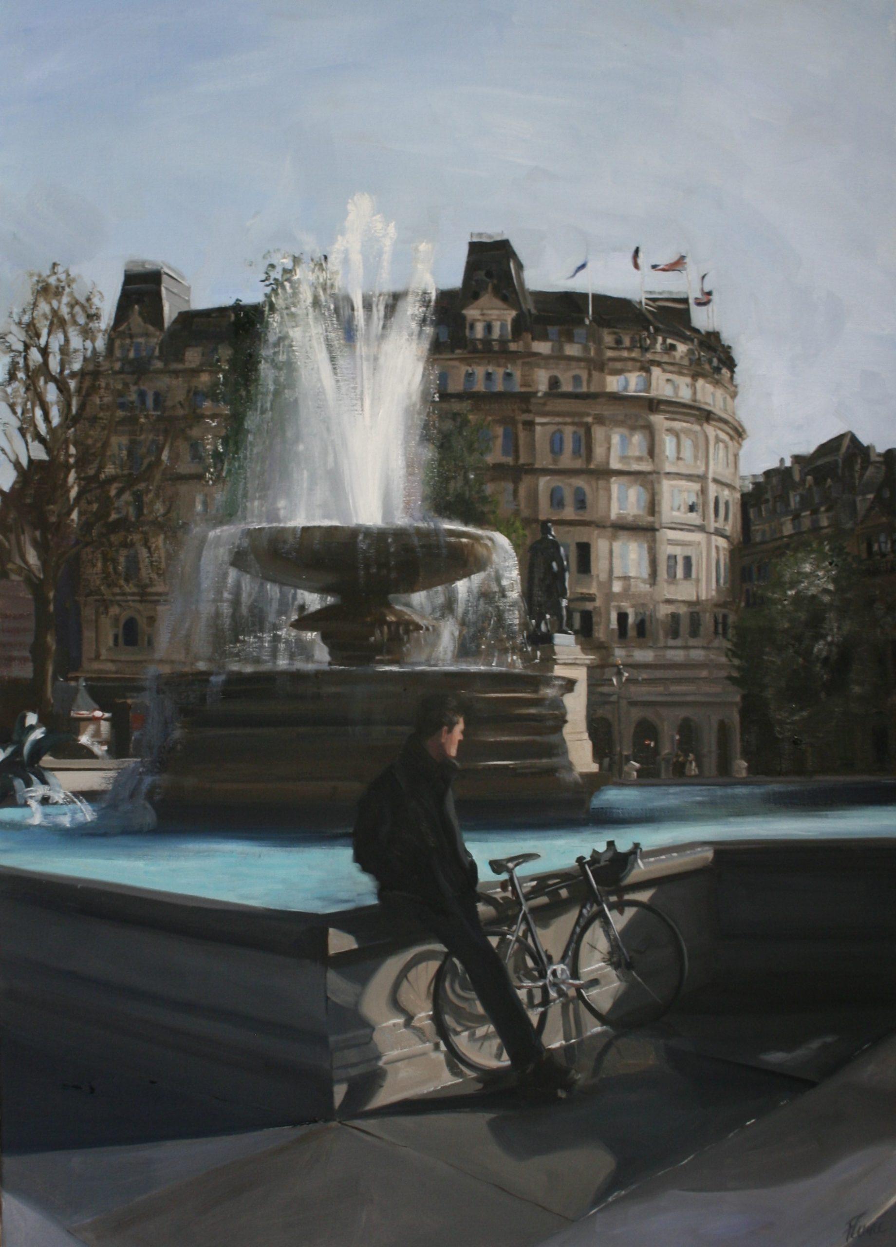 Francesca Currie Figurative Painting - Waiting, Trafalgar Square-original impressionism cityscape painting-contemporary