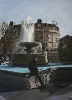 Waiting, Trafalgar Square-original impressionism cityscape painting-contemporary