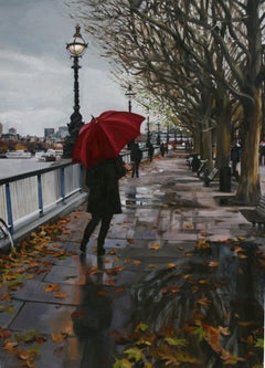 Walking in the Rain - original london figurative realism art modern cityscape
