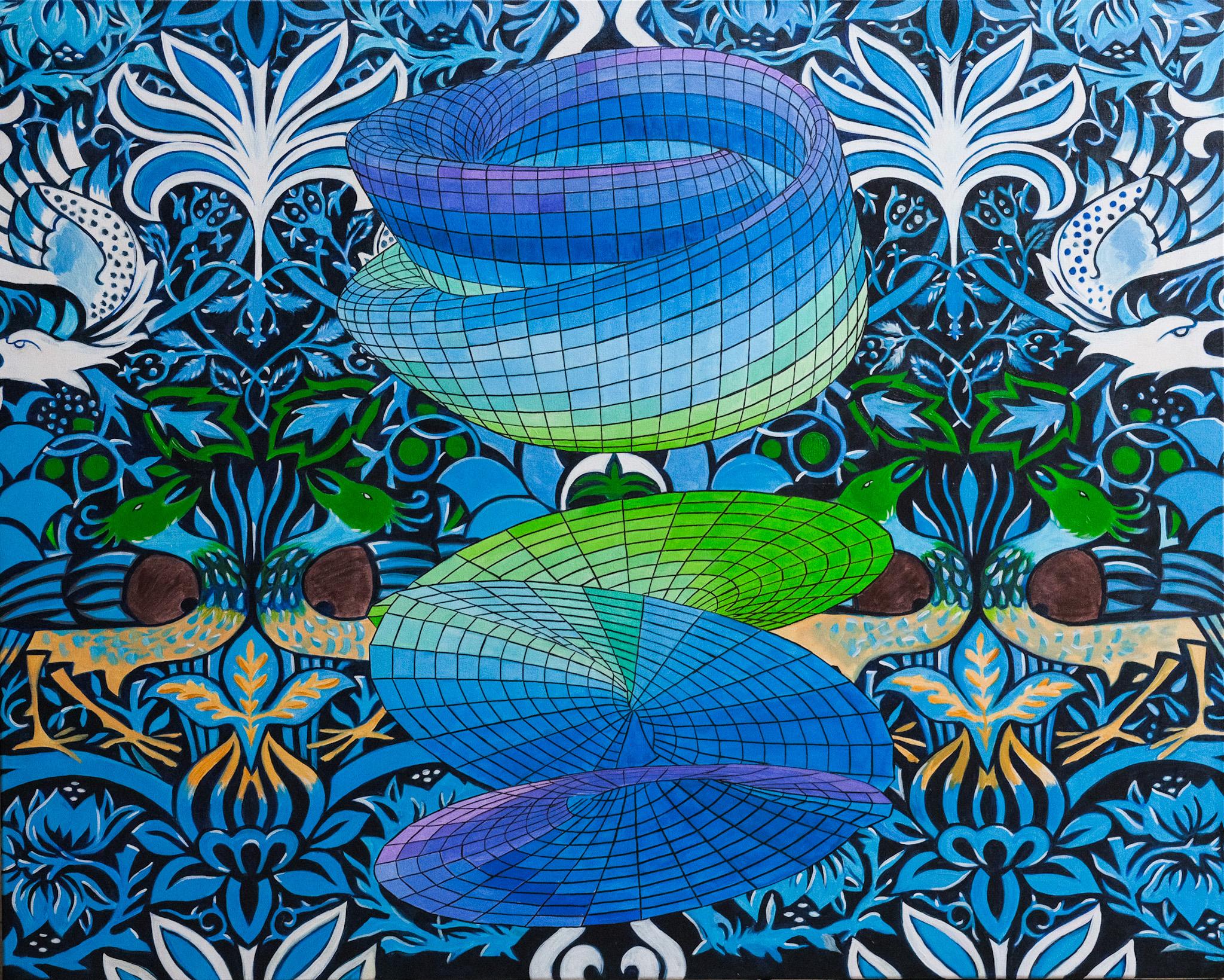 Animal Painting di Francesca Lorenzini - "Pittura astratta di grandi dimensioni "Uccelli da preda  Matematica floreale blu con uccelli in toni freddi