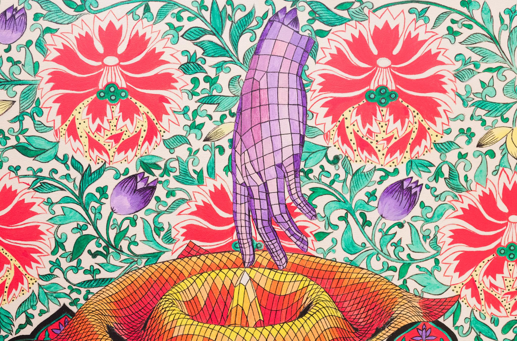 Acrílico sobre lienzo
24 x 30 pulg.

Este cuadro cerebral y surrealista de la pintora italoamericana y estratega del capital, Francesca Lorenzini, combina un fondo clásico y decorativo con una forma geométrica central, moderna y tridimensional. La