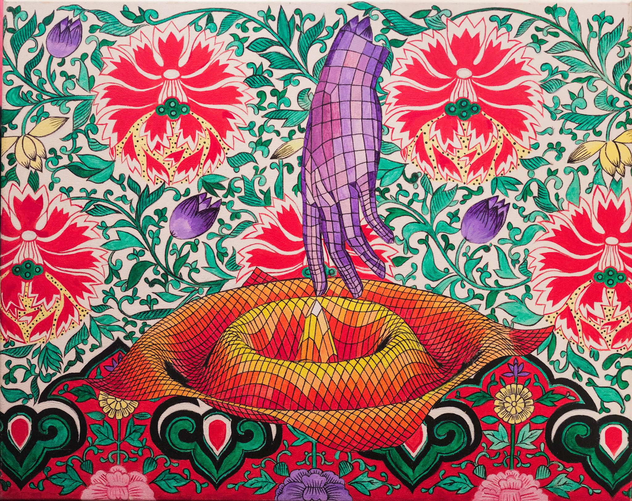 "Toque" Pintura abstracta acrílica sobre lienzo de formas matemáticas, mano, floral