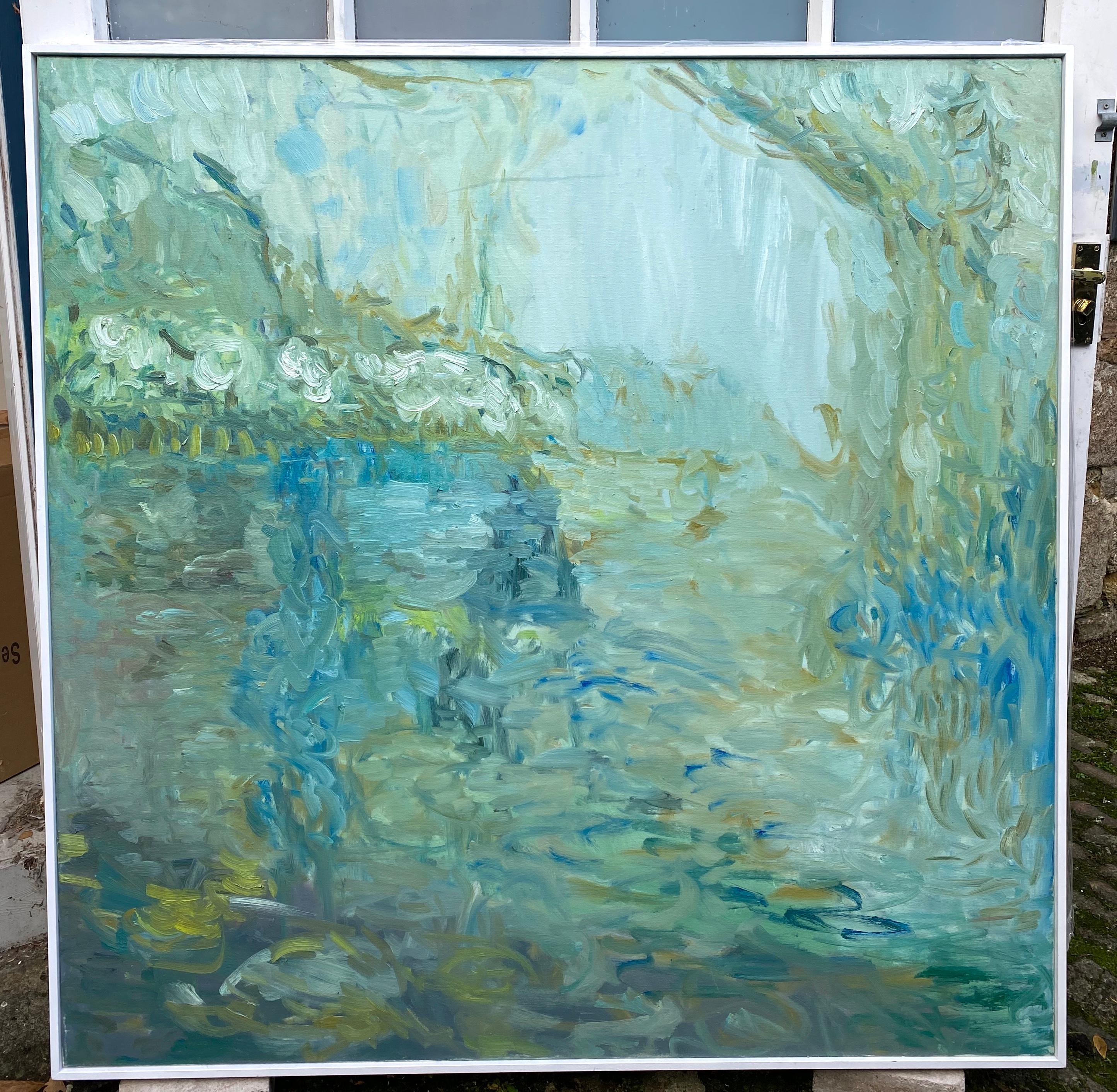 Camellias Grow Near Water.  Contemporary Expressionist Oil Painting - Blue Still-Life Painting by FRANCESCA OWEN 
