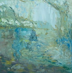 Le camelie crescono vicino all'acqua.  Pittura ad olio espressionista contemporanea