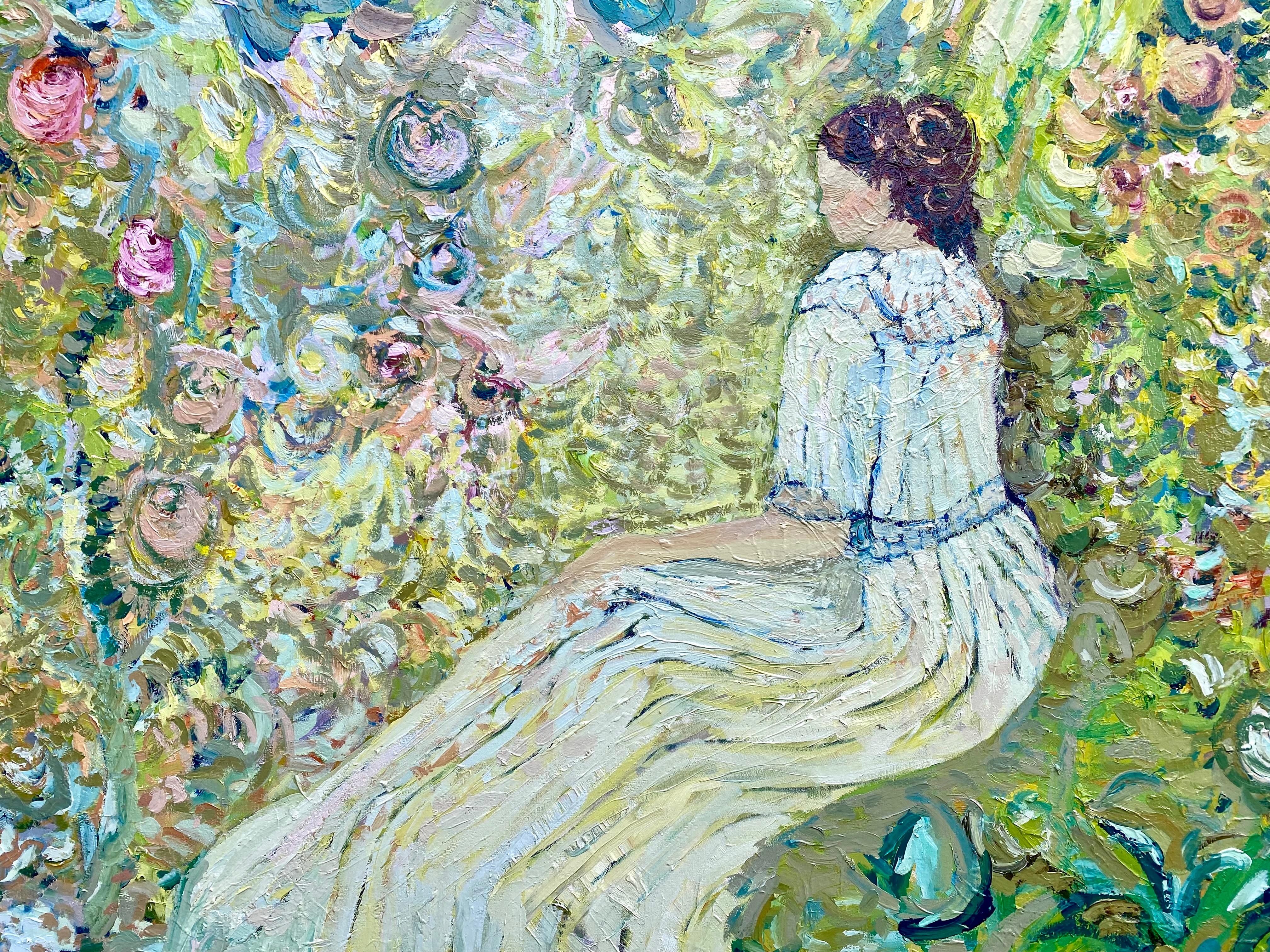 Garten im Mondschein. Großes zeitgenössisches figuratives Ölgemälde