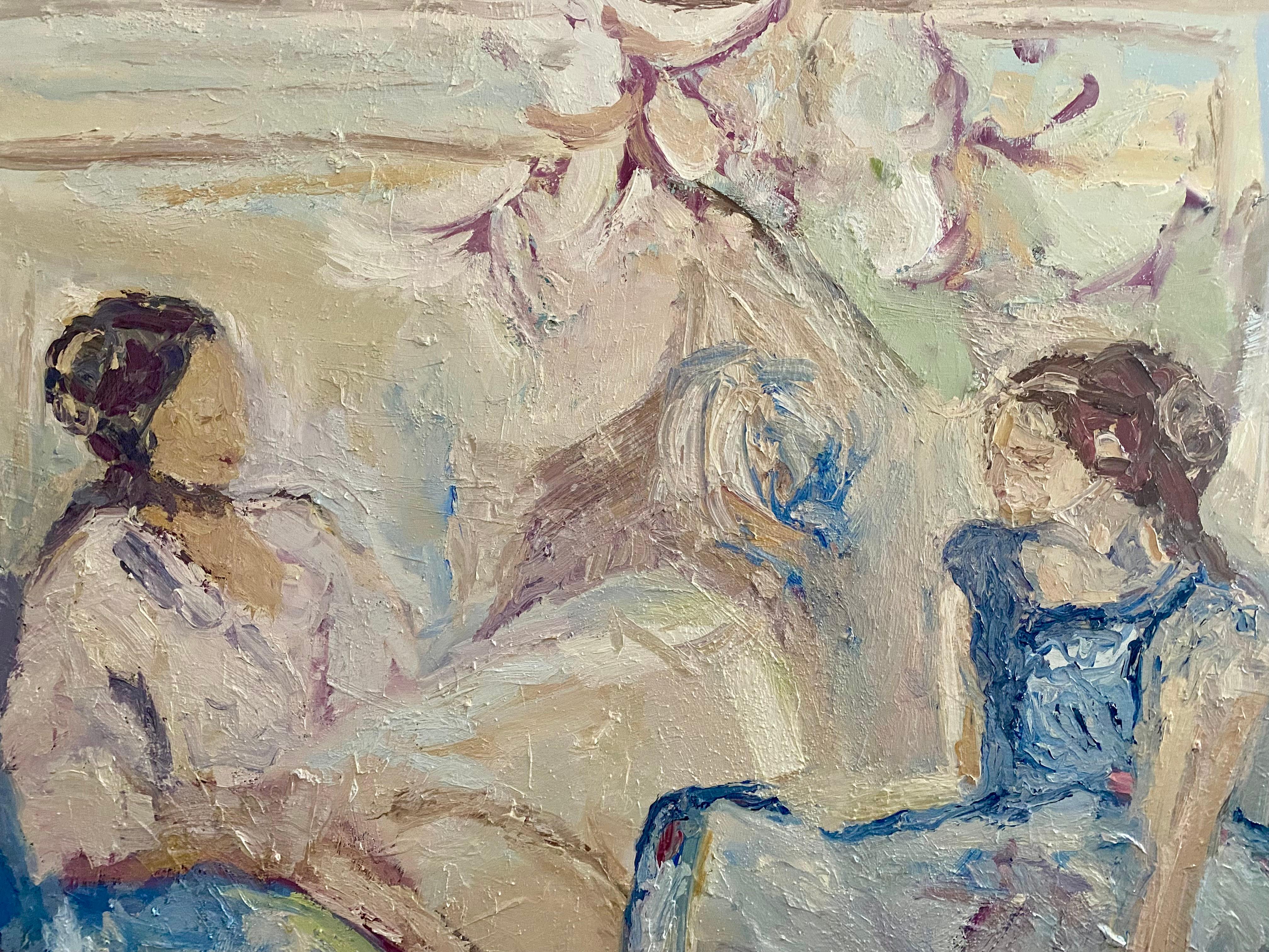 Madre e Hija y el Jardín y el Mar.  Pintura al óleo contemporánea - Figurative Painting Gris de FRANCESCA OWEN 