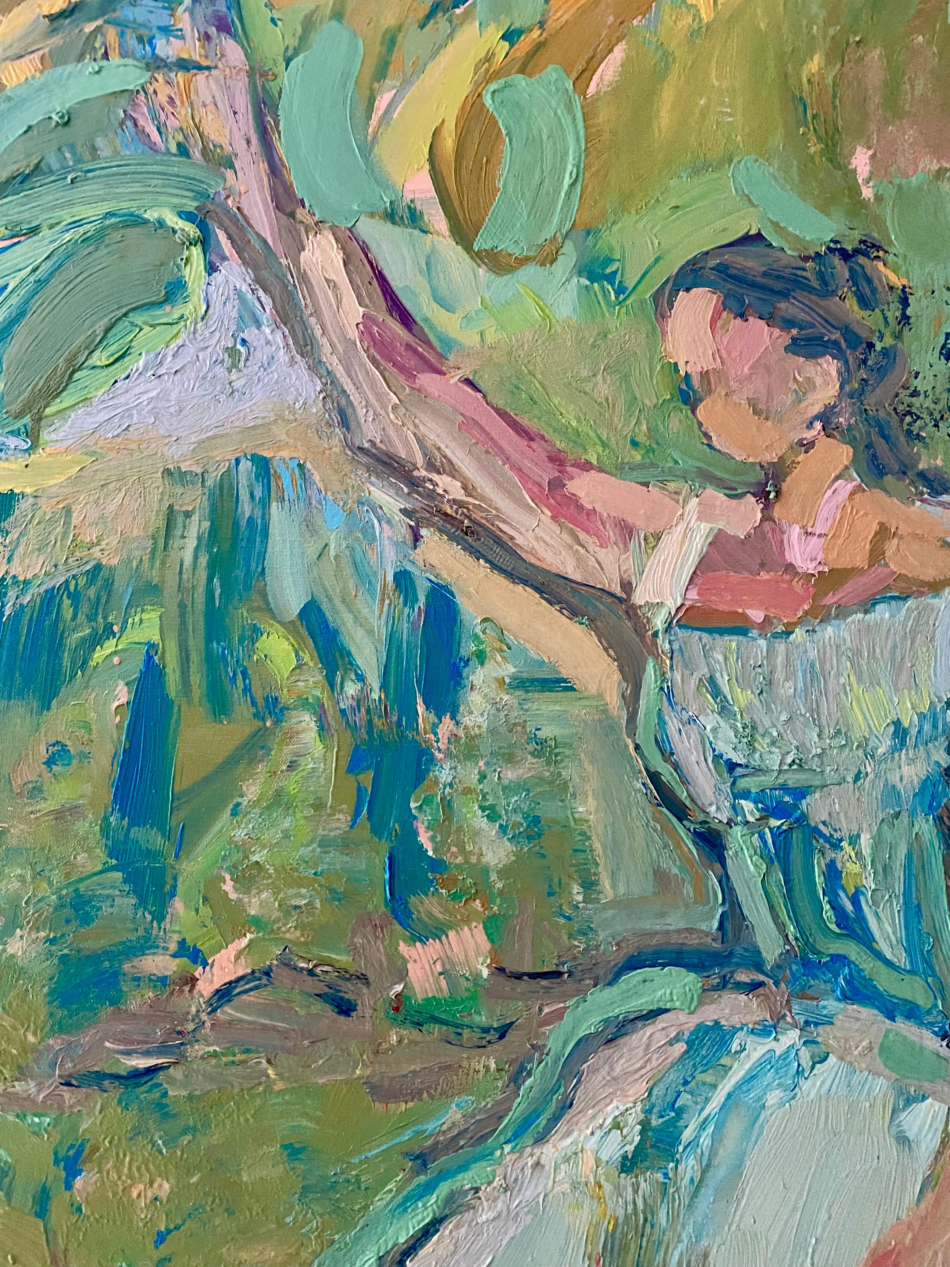 Playing In The Green Garden.  Contemporary Oil Painting For Sale 1