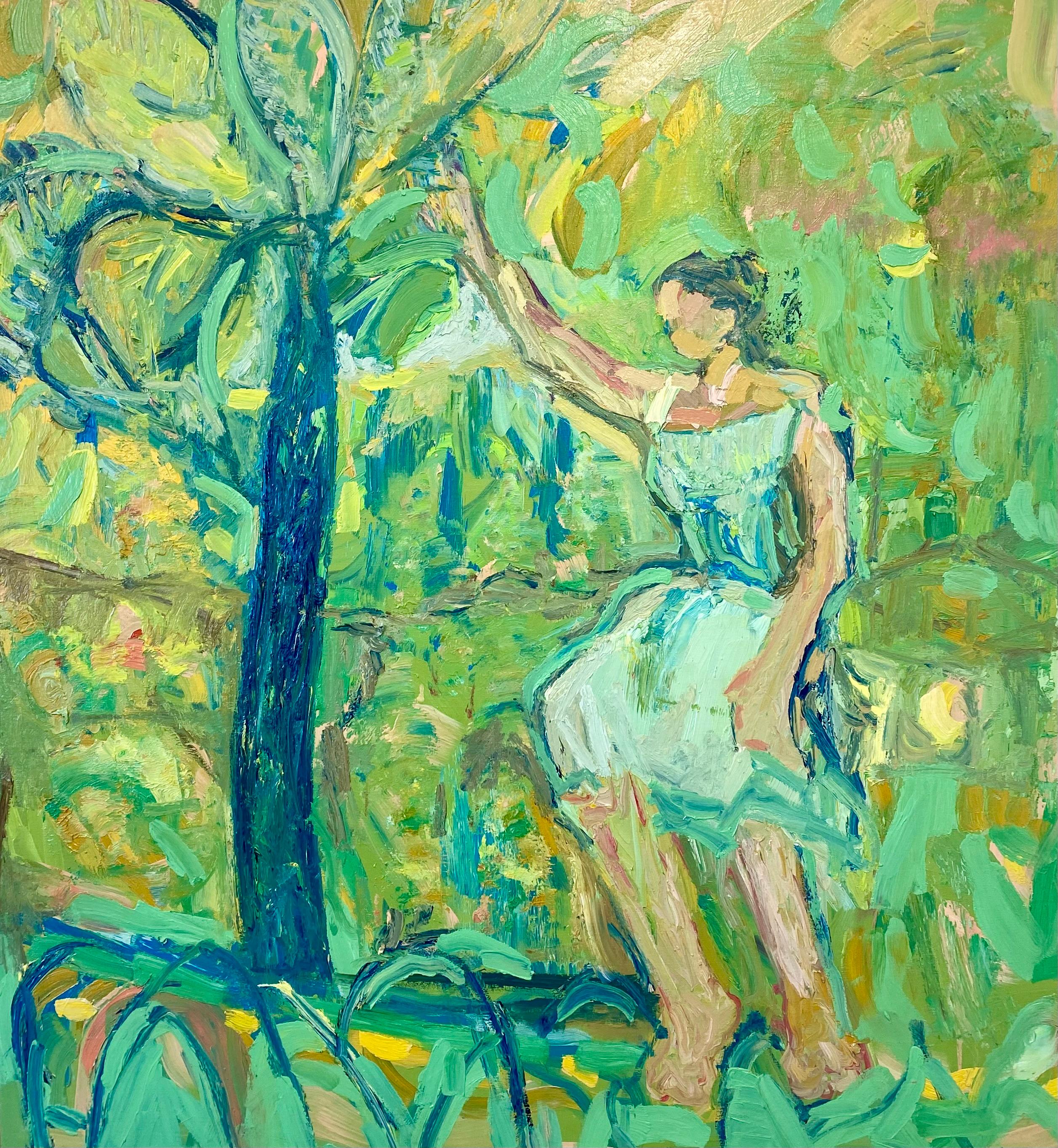 FRANCESCA OWEN  Figurative Painting - Playing In The Green Garden.  Contemporary Oil Painting
