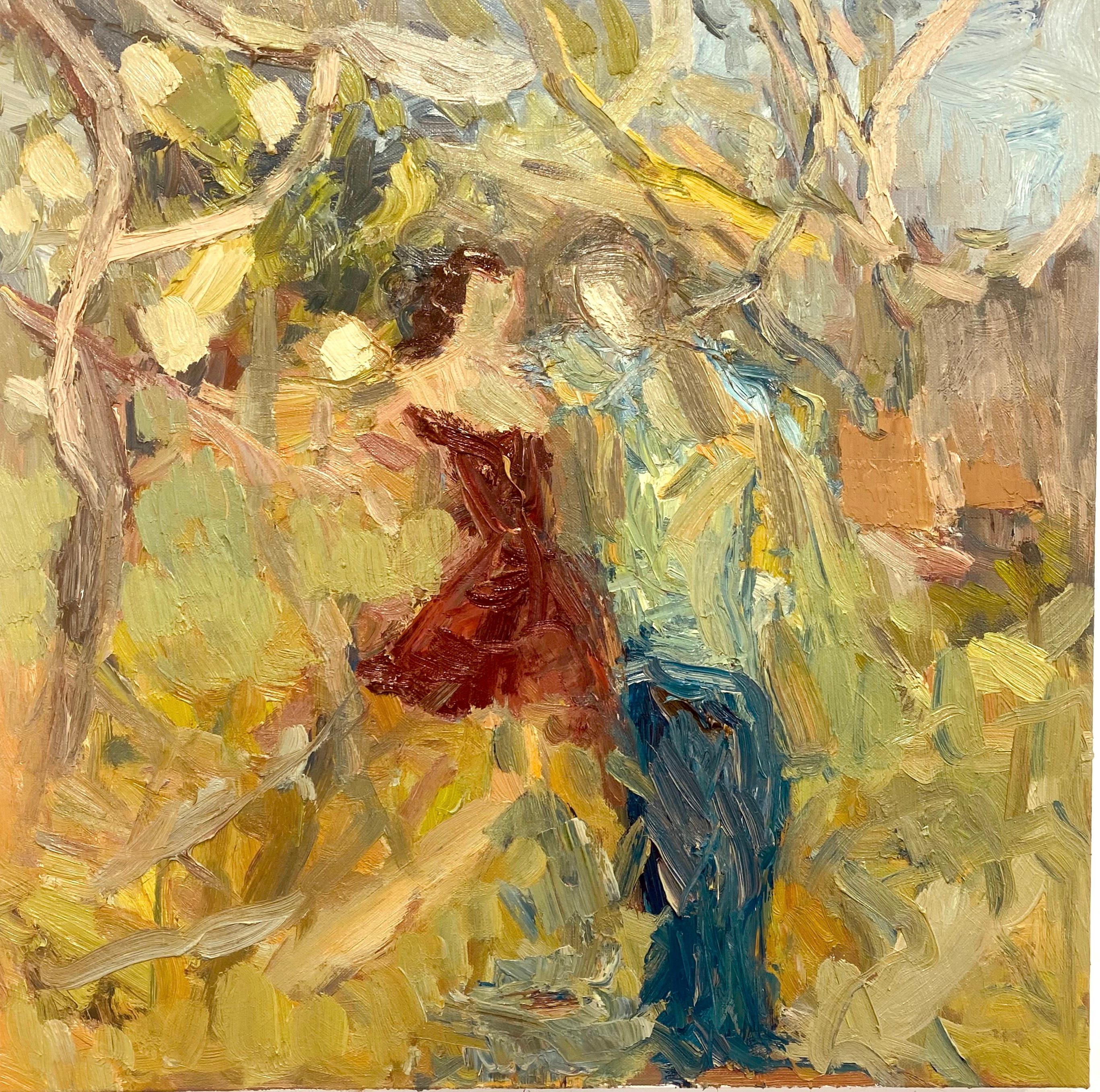 Peinture à l'huile figurative contemporaine « Playing Under A Cloudless Sky » (jouer sous un ciel sans nuages)