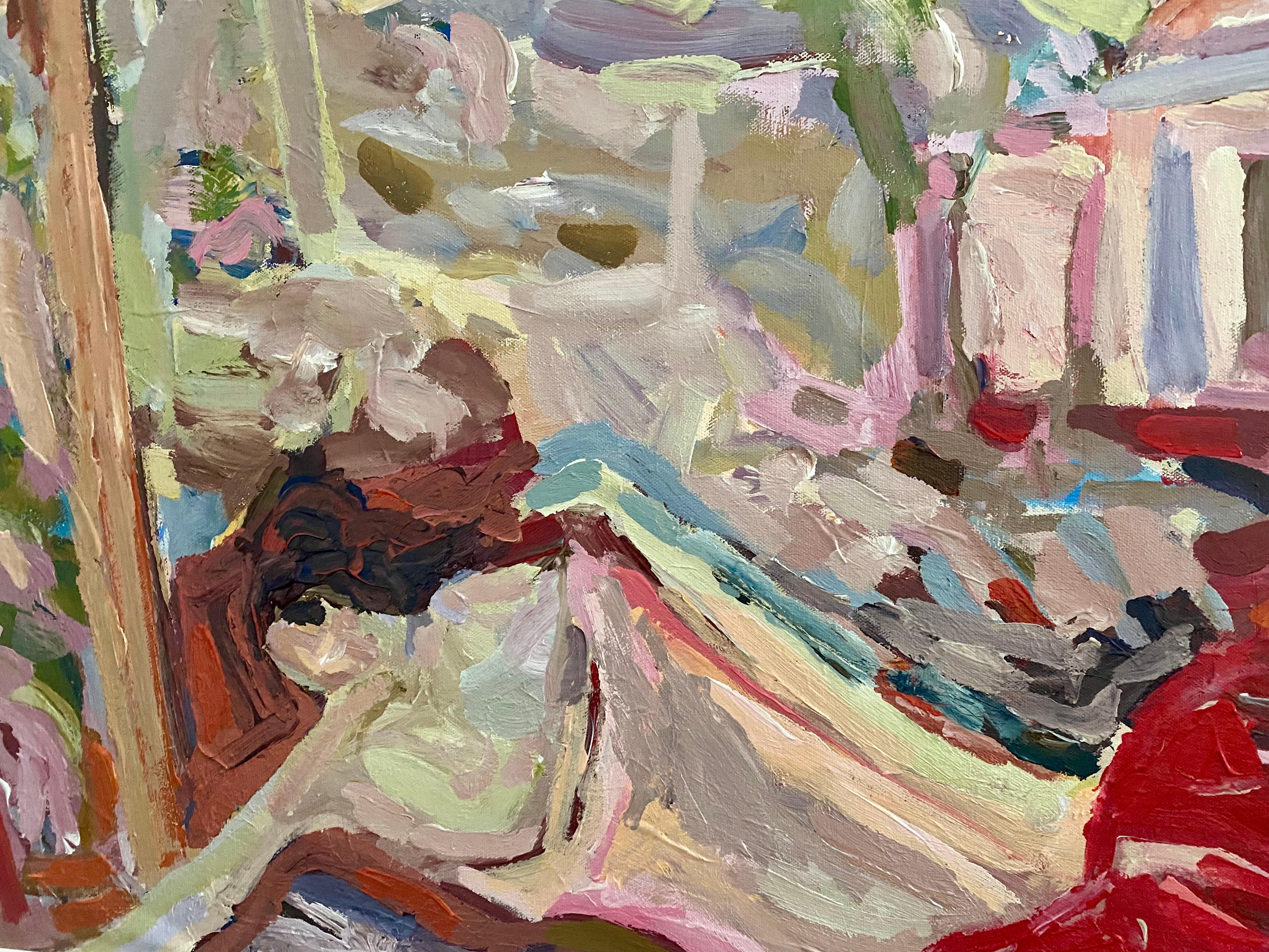 Descansando en los Jardines Rosas.  Pintura al óleo contemporánea - Landscape Painting Marrón de FRANCESCA OWEN 