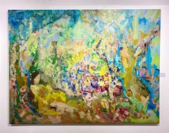 Se reposer dans son jardin. Grande peinture à l'huile figurative contemporaine